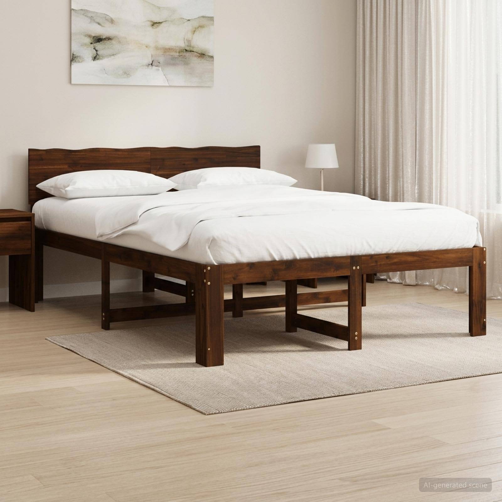 Minimalistisches Schlafzimmer mit einem dunklen Holzbett mit weißer Bettwäsche, daneben ein kleines Nachttischchen, eine Lampe und durchsichtige Vorhänge über einem hellen Teppich.