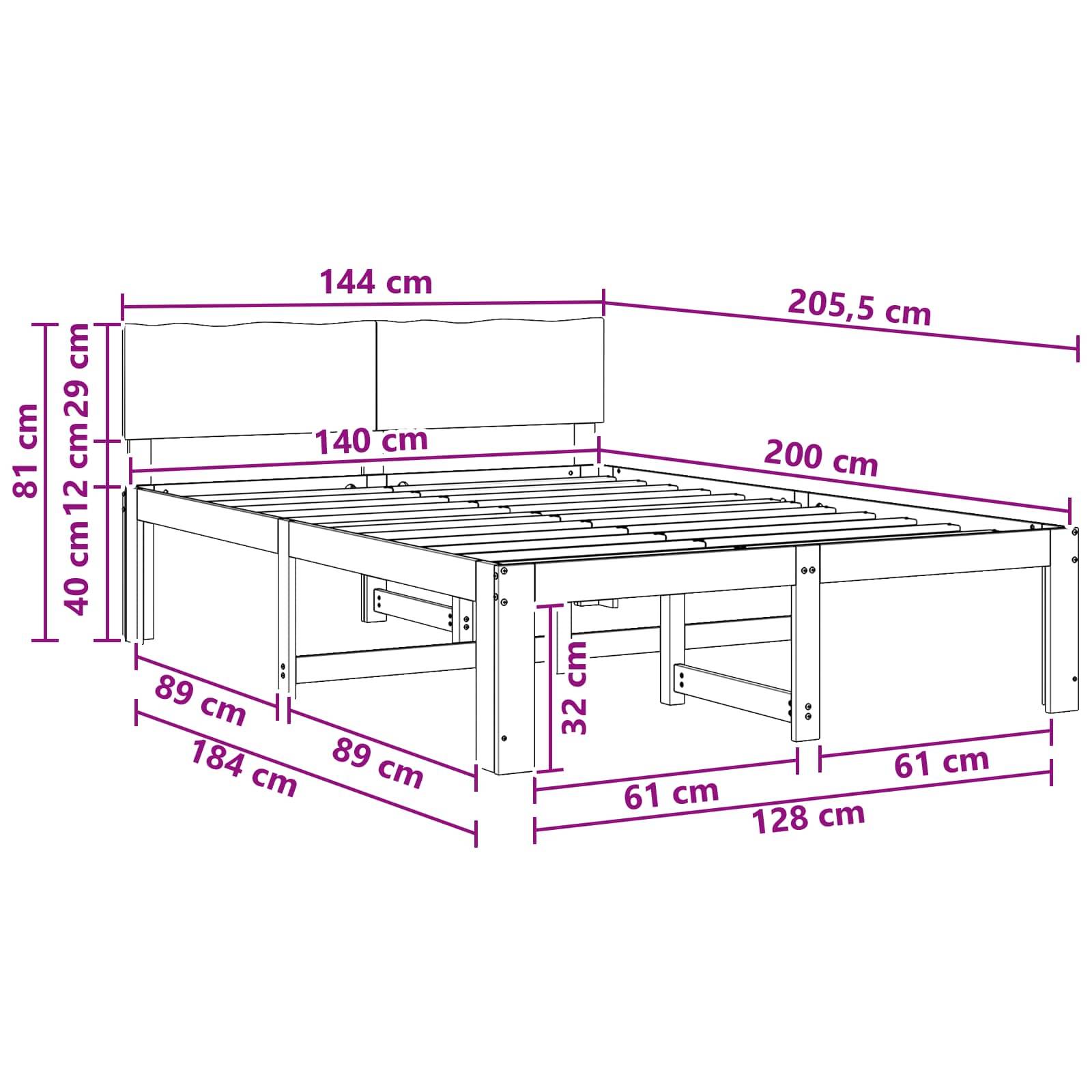 Maßstabzeichnung eines Bettgestells mit Gesamtabmessungen von 205,5 cm Länge, 144 cm Breite und 81 cm Höhe, mit einer Innenbreite von 140 cm und einer Matratzenlänge von 200 cm.