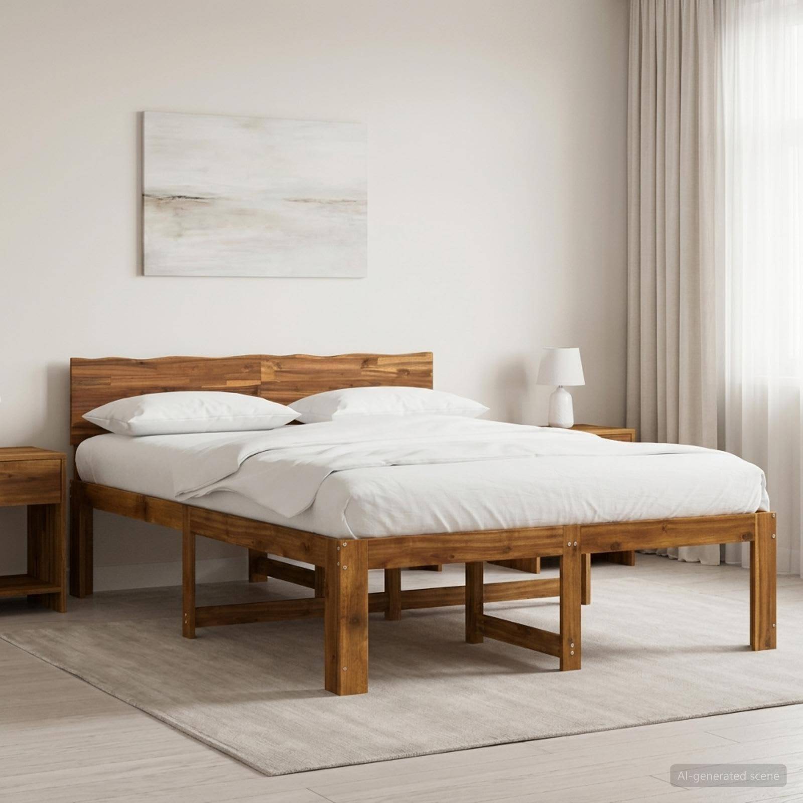 Minimalistisches Schlafzimmer mit einem Holzbett, das mit weißer Bettwäsche bezogen ist, Nachttischen, einer Lampe und durchsichtigen Vorhängen neben einem hellen Fenster.