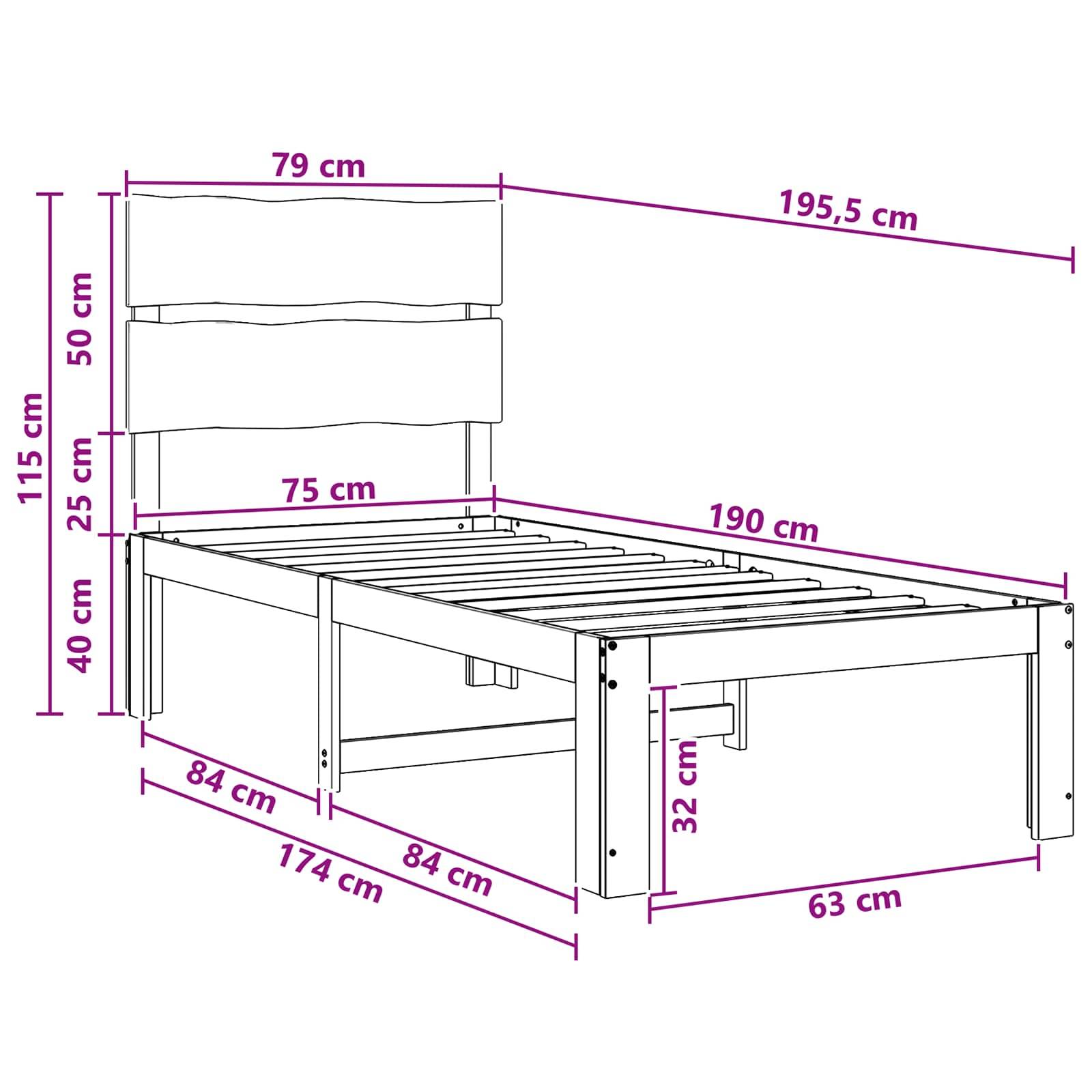 Technische Maßzeichnung eines Einzelbetts mit Kopfteil, mit Gesamtgröße von 195,5 x 84 cm und wichtigen Komponentenmaßen in cm.
