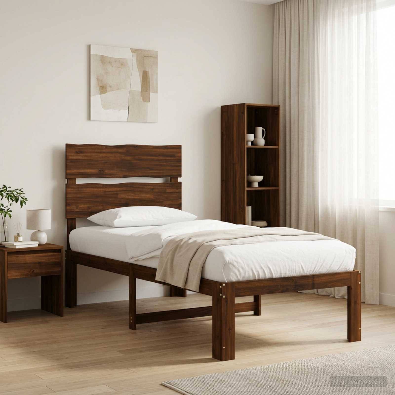 Minimales Schlafzimmer mit einem Holzbett, das mit weißer Bettwäsche bezogen ist, einem Nachttisch, einem Regalsystem, abstrakter Wandkunst und durchsichtigen Vorhängen an einem hellen Fenster.