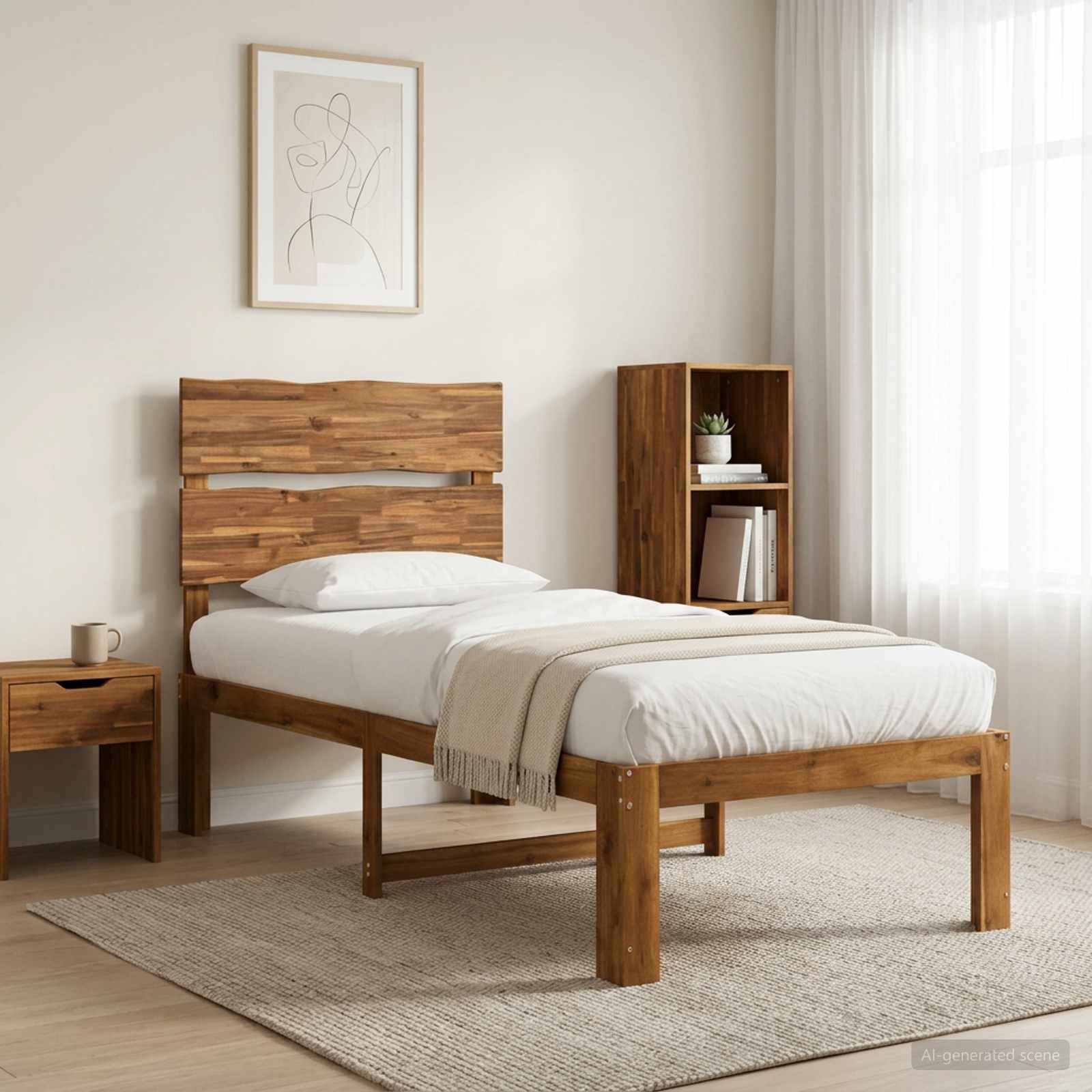 Minimalistisches Schlafzimmer mit einem Holzbett, weißer Bettwäsche, Nachttisch, Bücherregal, gerahmter Wandkunst und durchscheinenden Vorhängen an einem hellen Fenster.