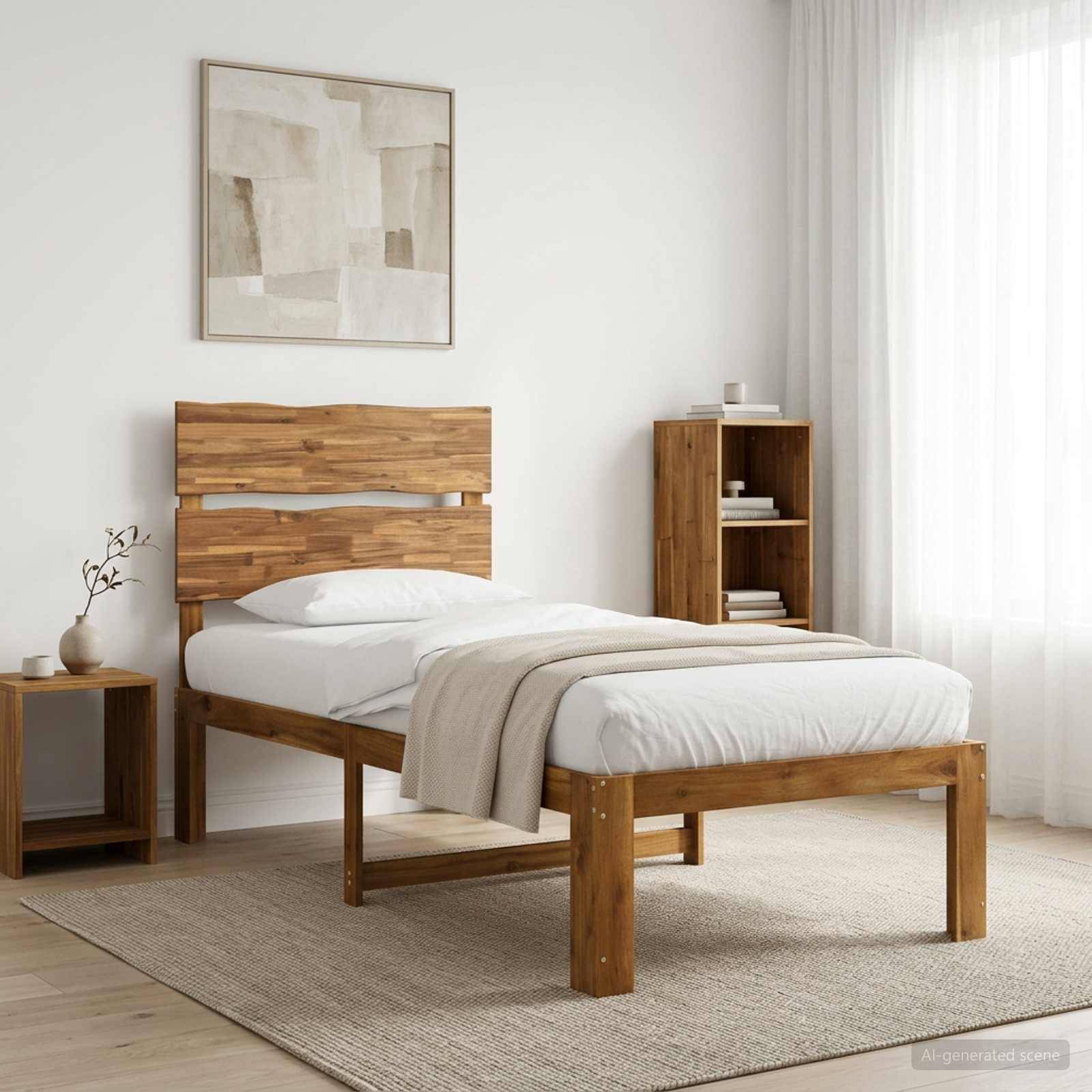 Minimalistisches Schlafzimmer mit einem Holzbett, weißer Bettwäsche, Nachttisch, Regaleinheit, abstrakter Wandkunst und durchscheinenden Vorhängen in sanftem Naturlicht.