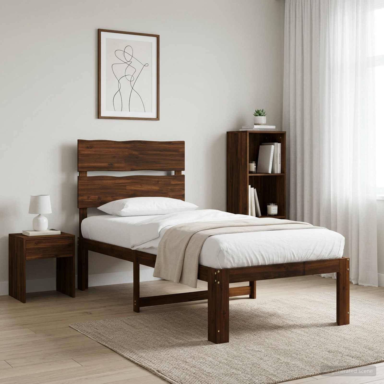 Minimalistisches Schlafzimmer mit einem Holzbett, weißer Bettwäsche, Nachttisch und Lampe, Bücherregal, gerahmten Wandbildern und transparenten Vorhängen.