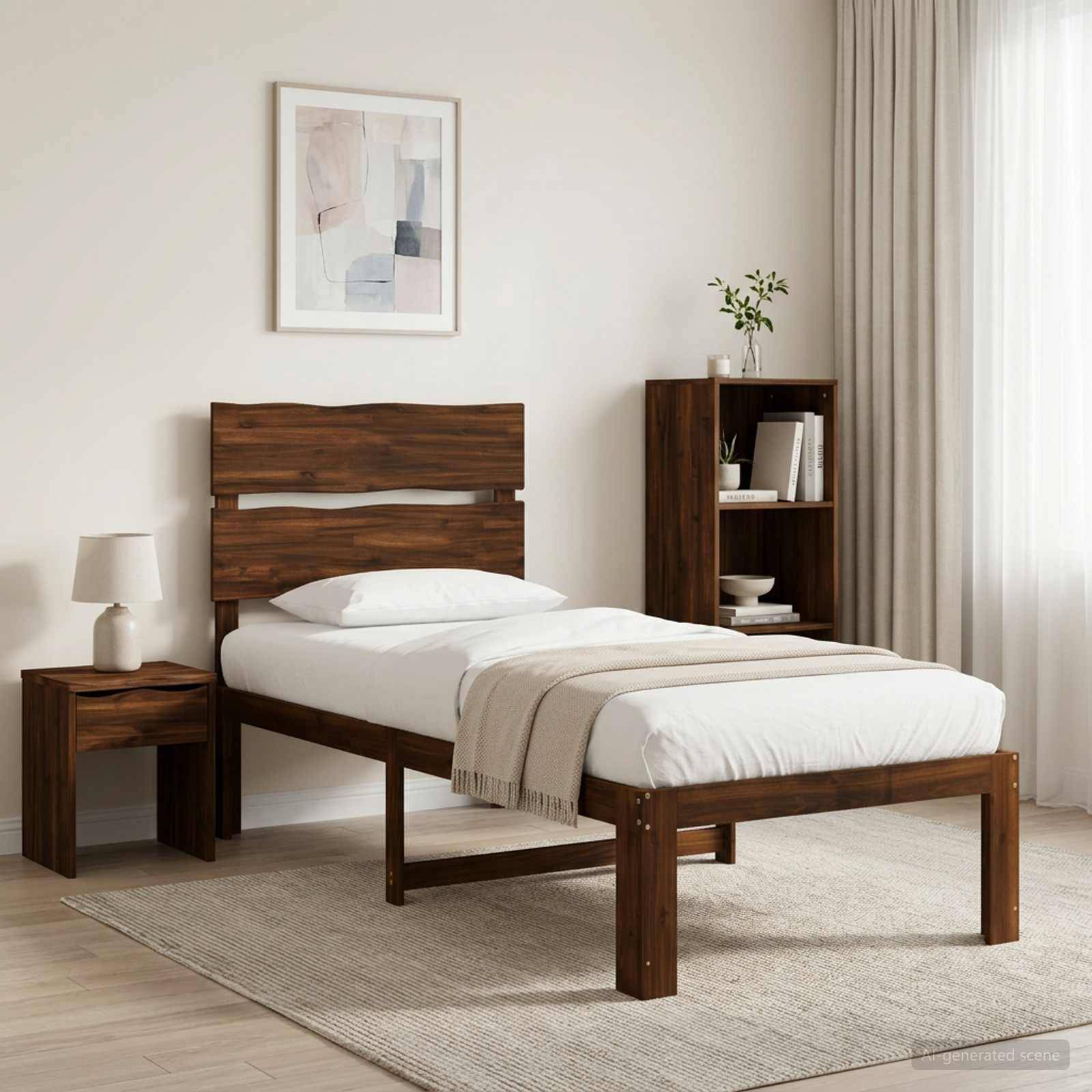 Minimalistisches Schlafzimmer mit einem Holzbett, weißer Bettwäsche, Nachttischlampe, Bücherregal und neutraler Dekoration in einem hellen Raum.