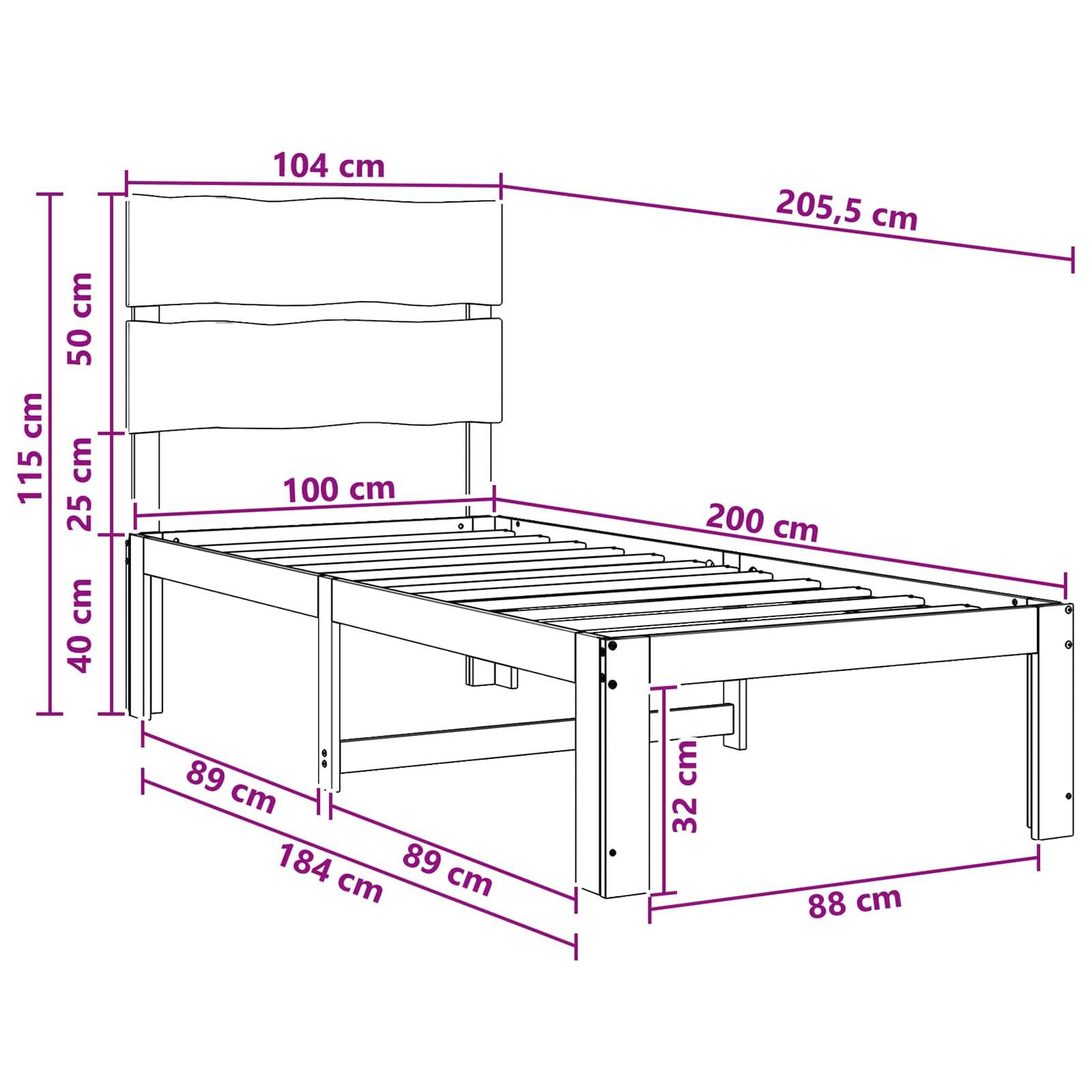 Bemaßte Zeichnung eines Einzelbetts mit gepolstertem Kopfteil und Lattenrost, die die Gesamtgröße von 205,5 x 104 x 115 cm sowie wichtige Abmessungen des Bettgestells und der Beine zeigt.