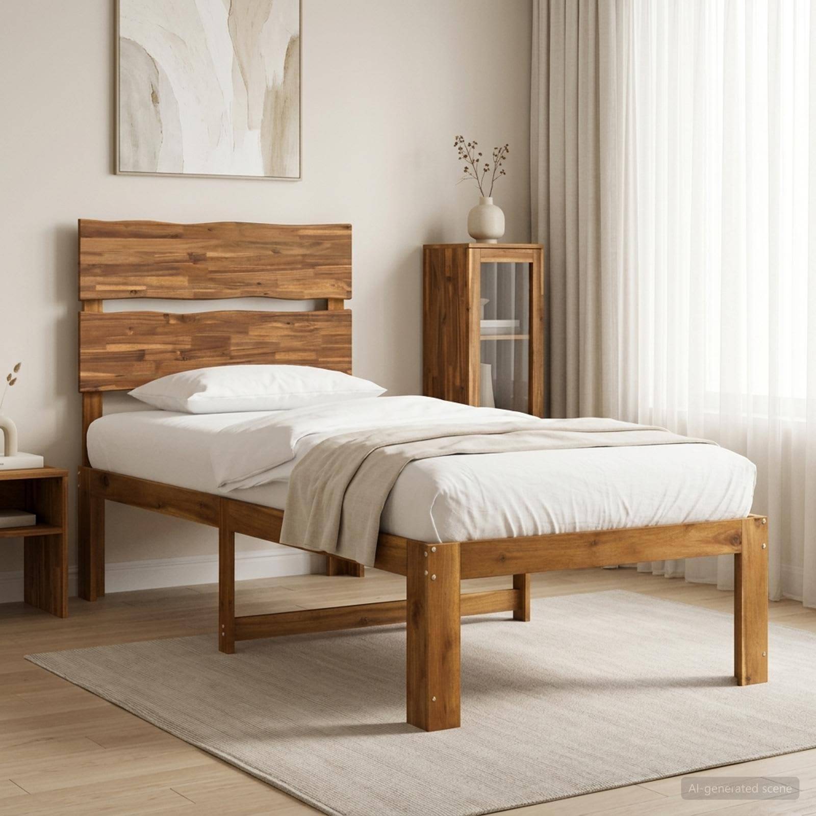 Minimalistisches Schlafzimmer mit einem einzelnen Holzbett, weißer Bettwäsche, kleinem Nachttisch, Schrank und durchsichtigen Vorhängen an einem Fenster.