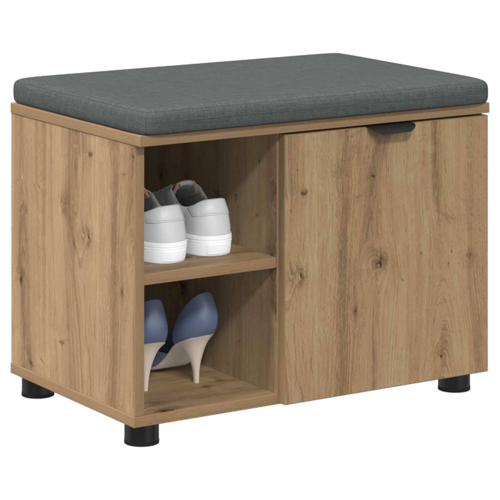 Holzschuhregal-Bank mit grauer gepolsterter Oberseite, offenes Regalfach für Schuhe und eine geschlossene Schranktür.