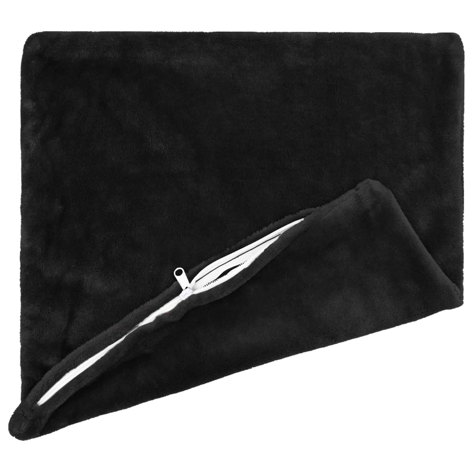 Schwarze Reißverschlusstasche oder -etui teilweise geöffnet, um das weiße Innere zu zeigen.