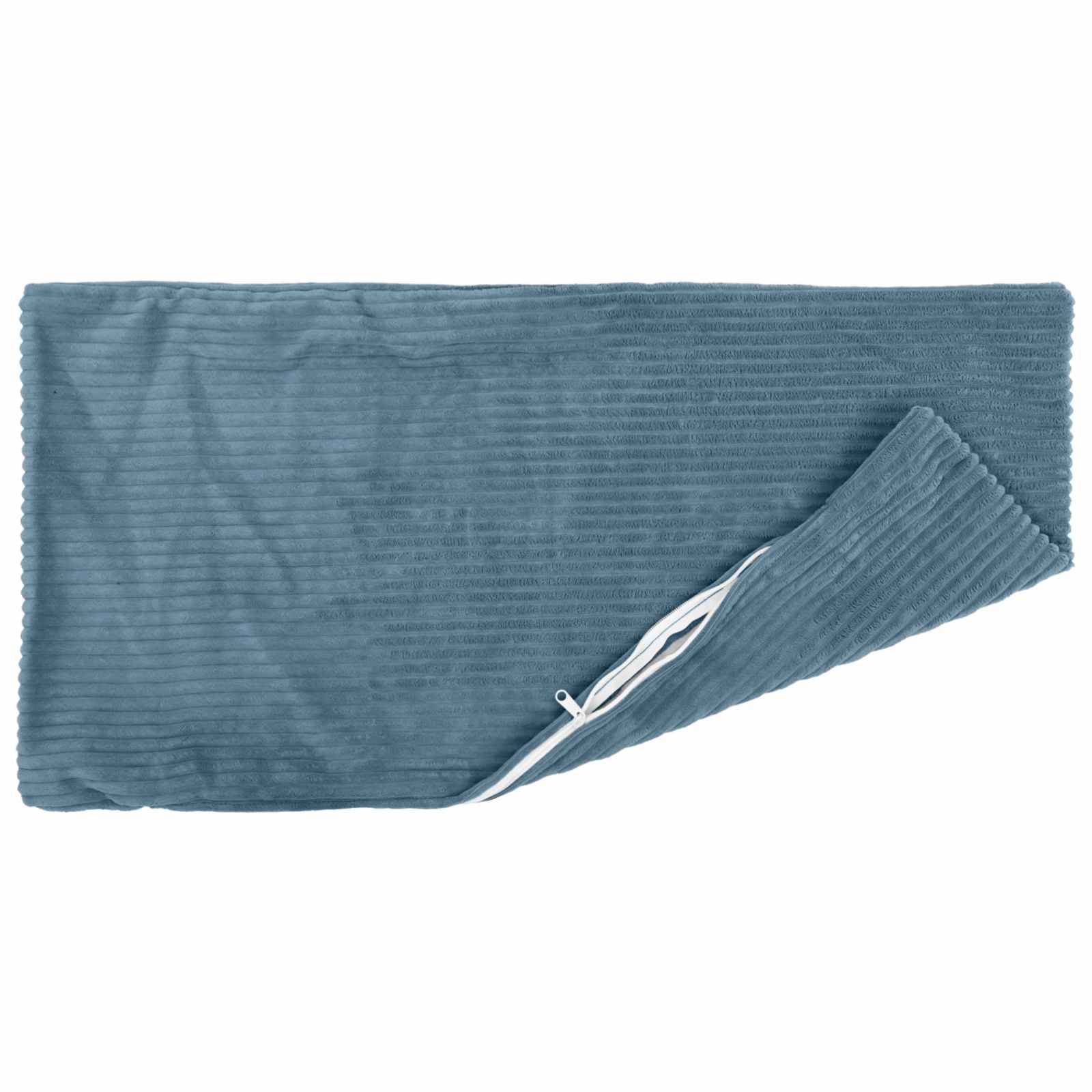 Blaue gerippte Reißverschlusstasche oder Clutch, teilweise geöffnet mit weißem Reißverschluss auf einfachem Hintergrund.