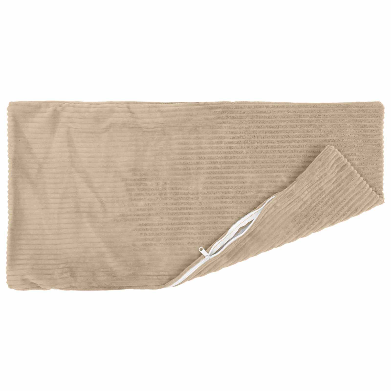 Beige gerippter Stoff-Beutel oder Kissenbezug mit diagonalem Reißverschluss, auf weißem Hintergrund dargestellt.