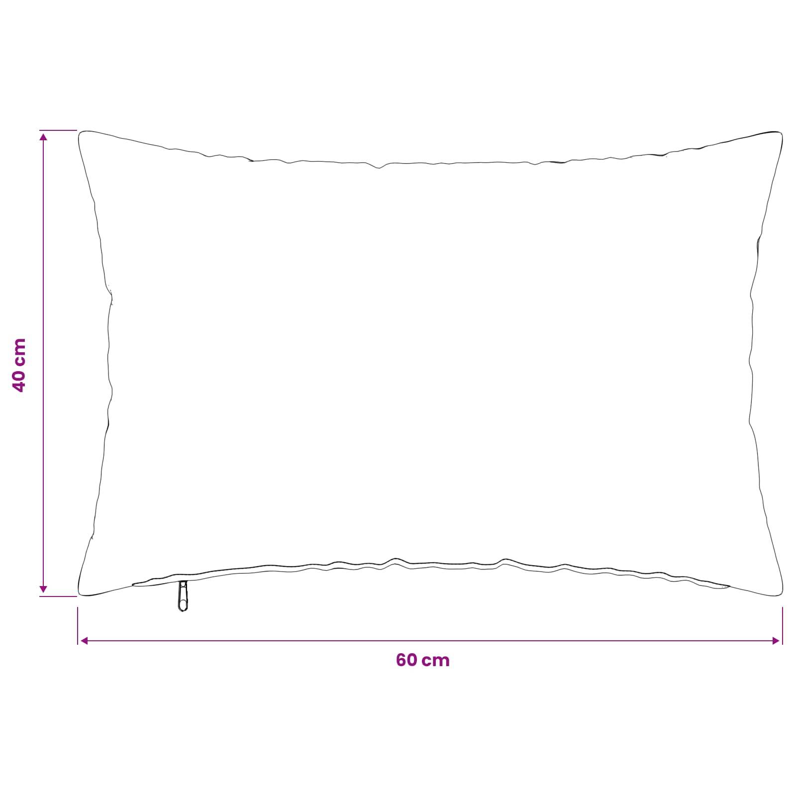 Linienzeichnung eines Kissens mit Reißverschluss, das Abmessungen von 60 cm Breite und 40 cm Höhe zeigt.
