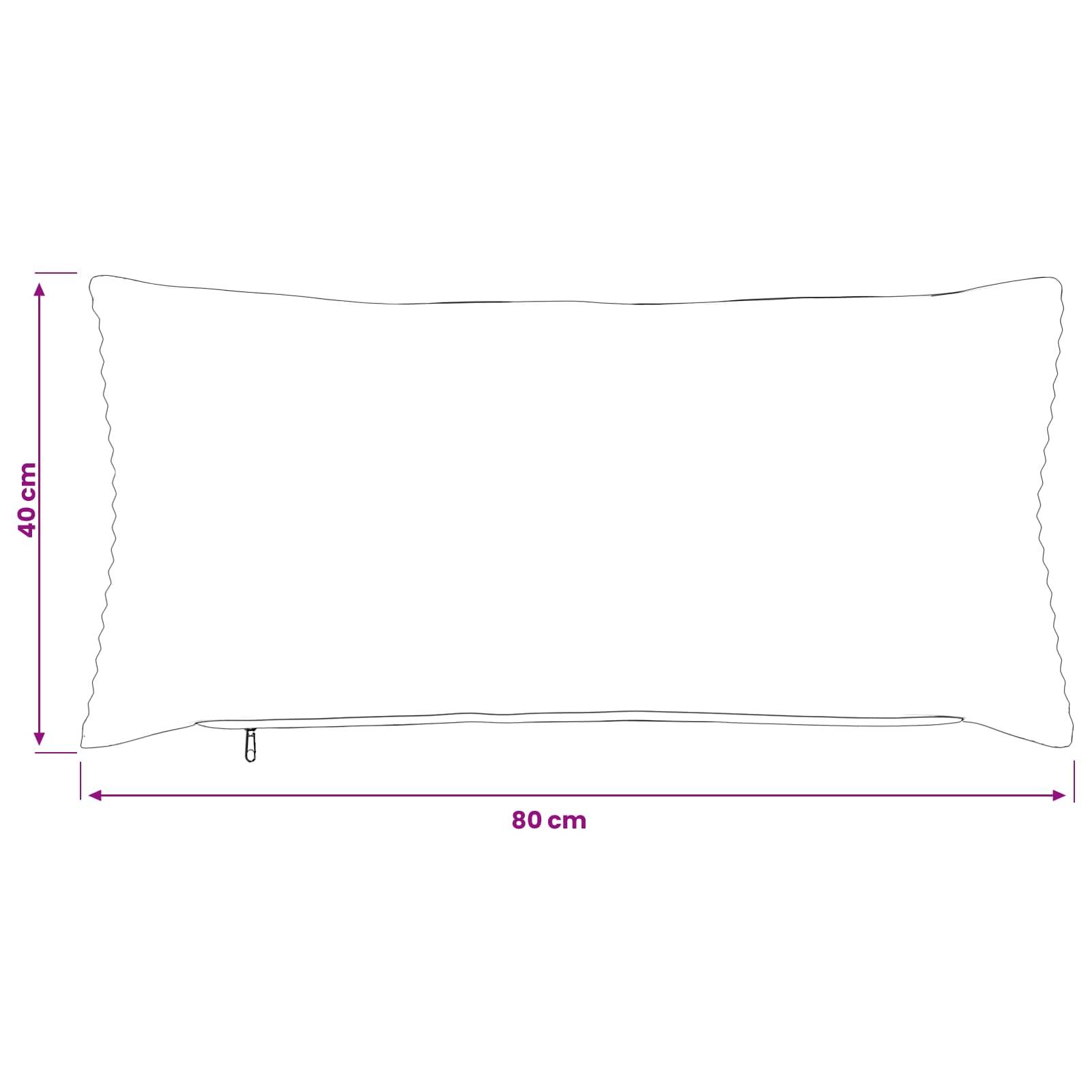 Gliederungsdiagramm eines rechteckigen Kissens oder Polsters mit den Maßen 80 cm Breite mal 40 cm Höhe, mit einem kleinen Reißverschluss/einer Lasche an der unteren Kante.