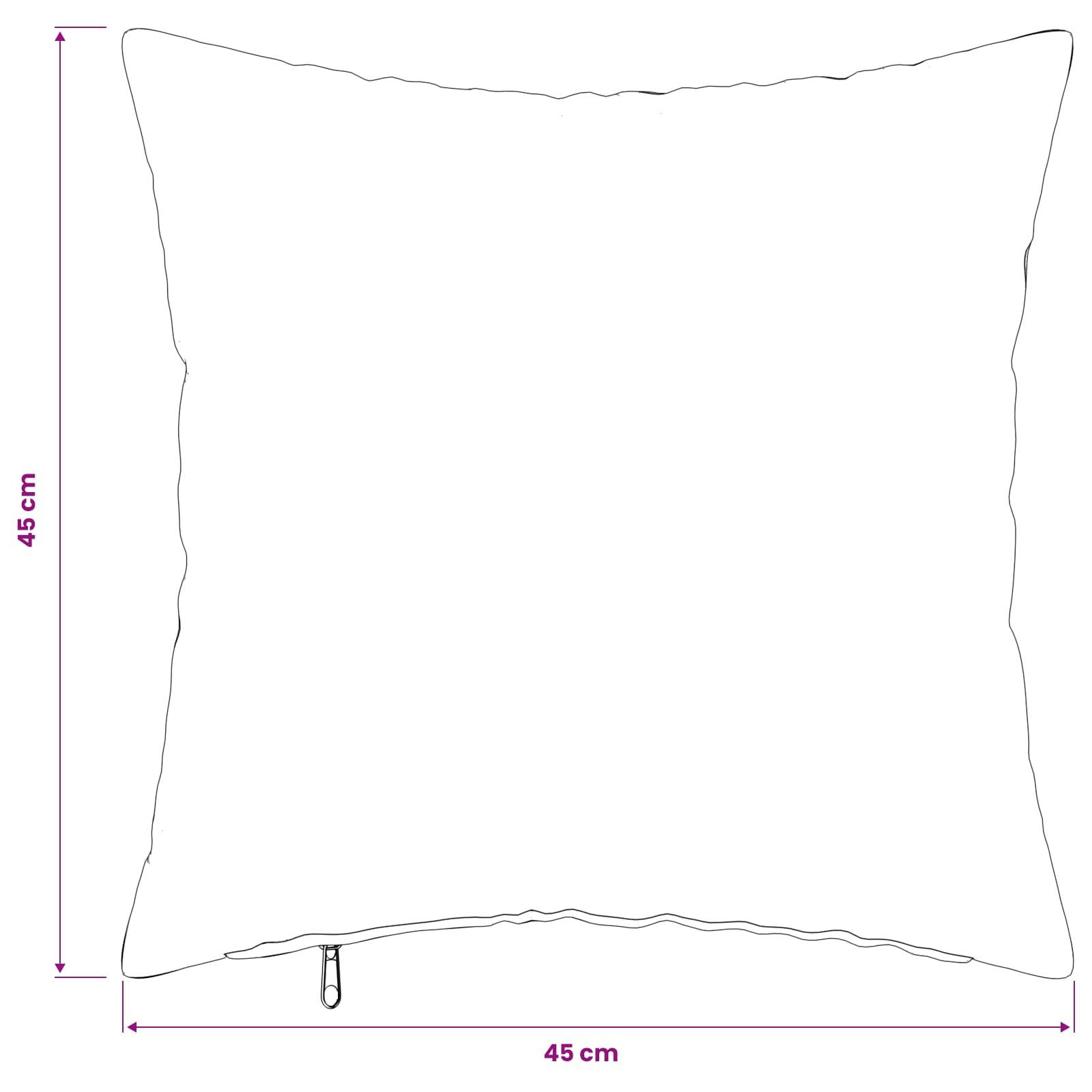 Quadratische weiße Kissenhülle Mock-up mit Reißverschluss entlang der Unterseite; Abmessungen gekennzeichnet 45 cm x 45 cm.