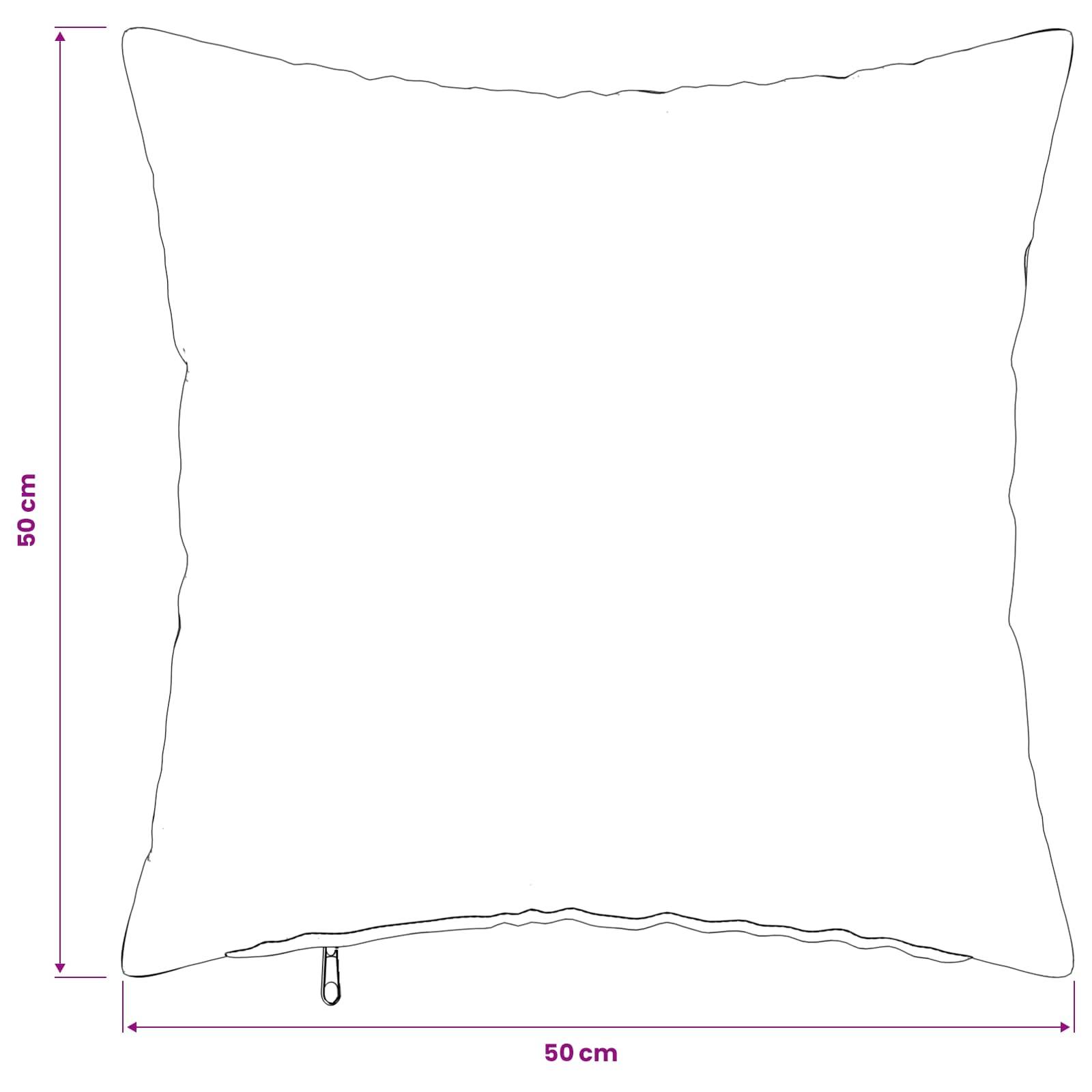 Umriss einer quadratischen Kissenhülle mit einem Reißverschluss am unteren Ende, beschriftet mit 50 cm Breite und 50 cm Höhe.