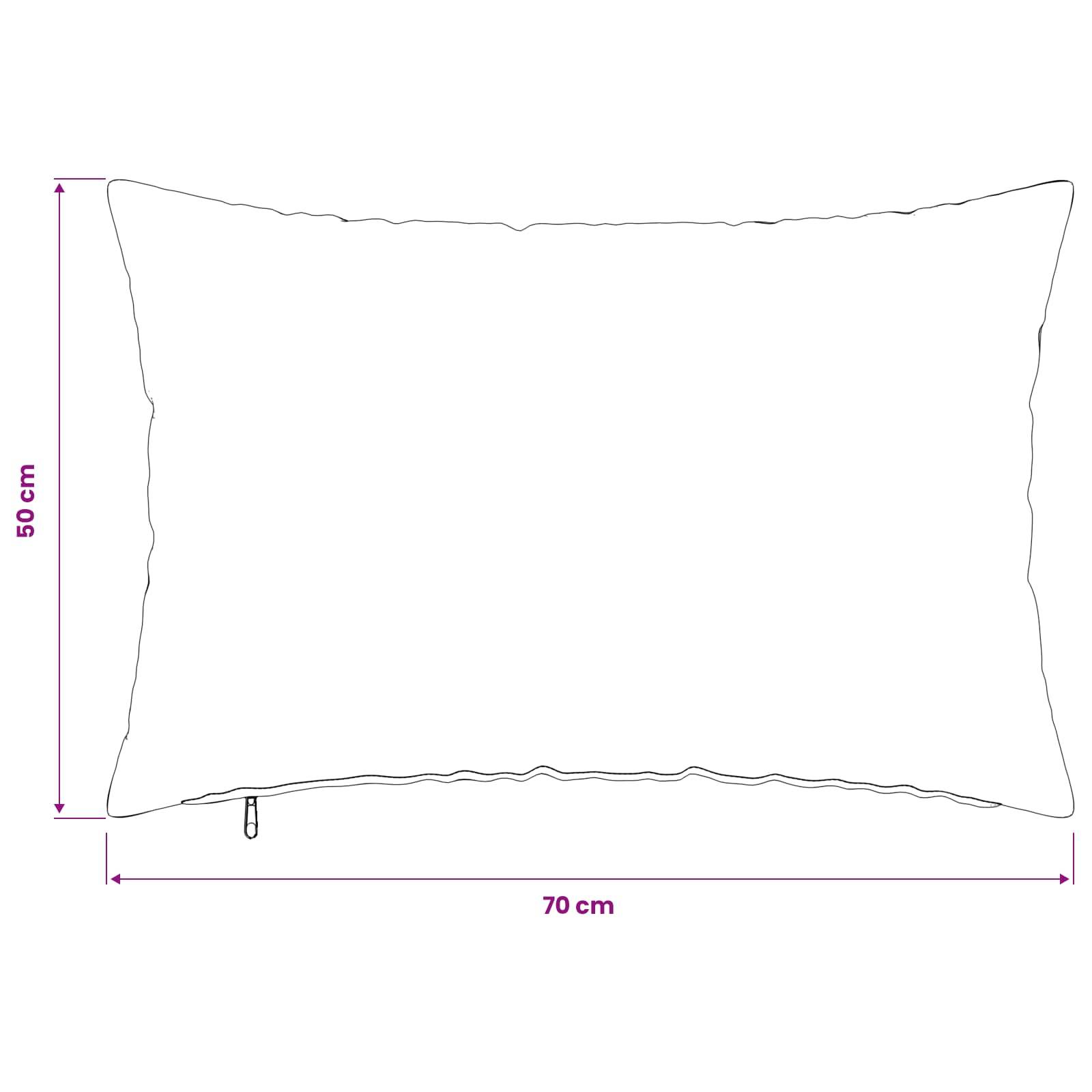 Umrisszeichnung eines rechteckigen Kissens oder Polsters mit beschrifteten Abmessungen von 70 cm Breite und 50 cm Höhe, mit einem kleinen Reißverschlussschieber an der unteren Kante.