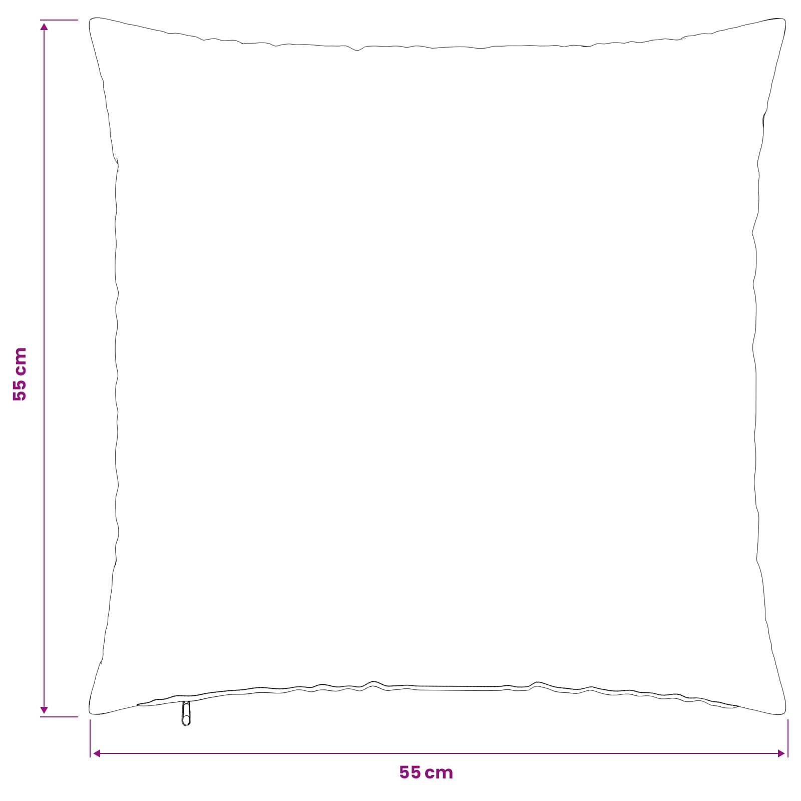 Weiße quadratische Kissenhülle, flach ausgelegt, mit einem Reißverschluss am unteren Ende und Messspeilen, die 55 cm × 55 cm anzeigen.