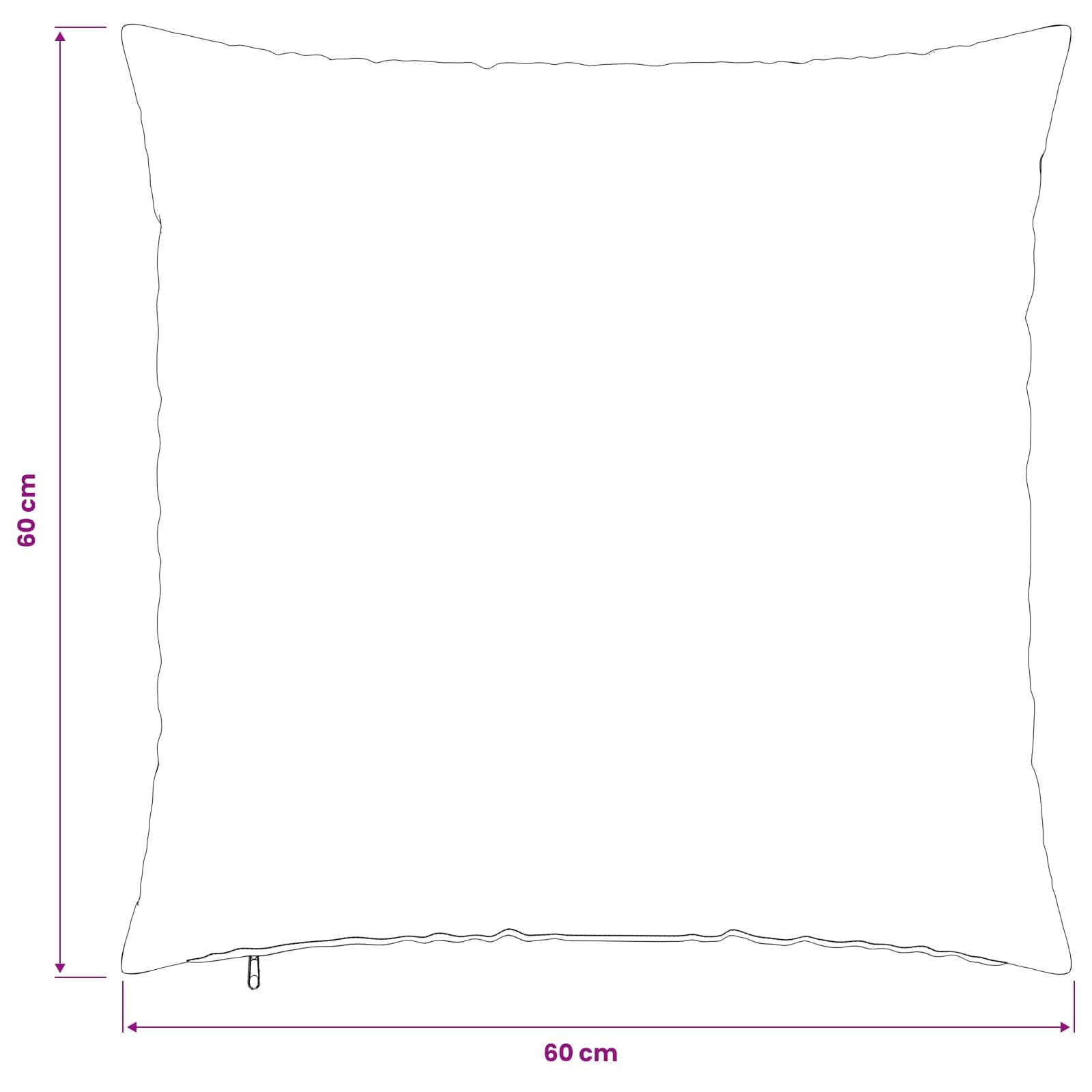 Weiße quadratische Kissenhülle oder Kissen, Vorderansicht gezeigt mit Reißverschluss entlang der unteren Kante und Abmessungen von 60 cm mal 60 cm.