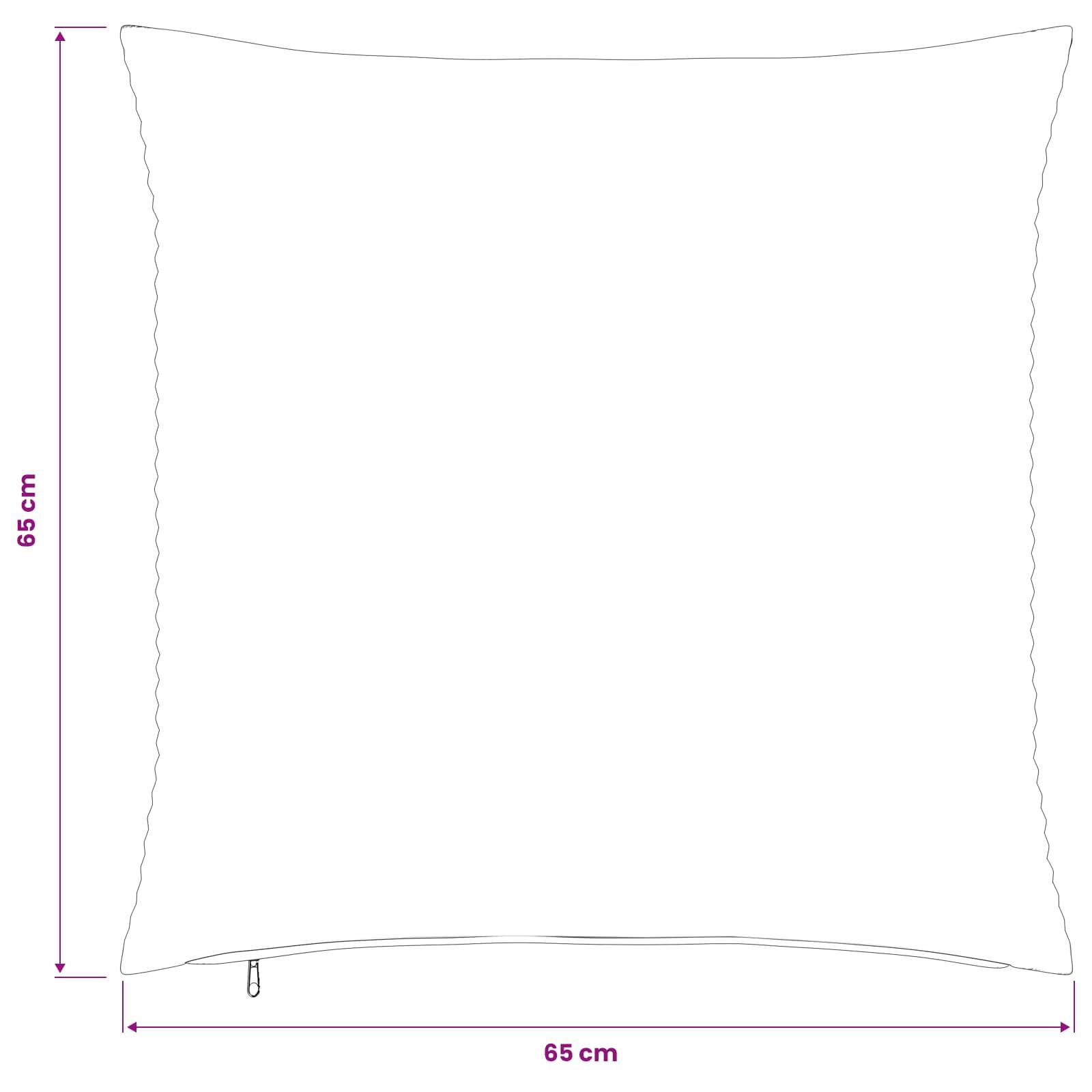 Maßstabgerechte Zeichnung eines quadratischen Kissenbezugs, dargestellt als 65 cm mal 65 cm mit einem Seittenreißverschluss.