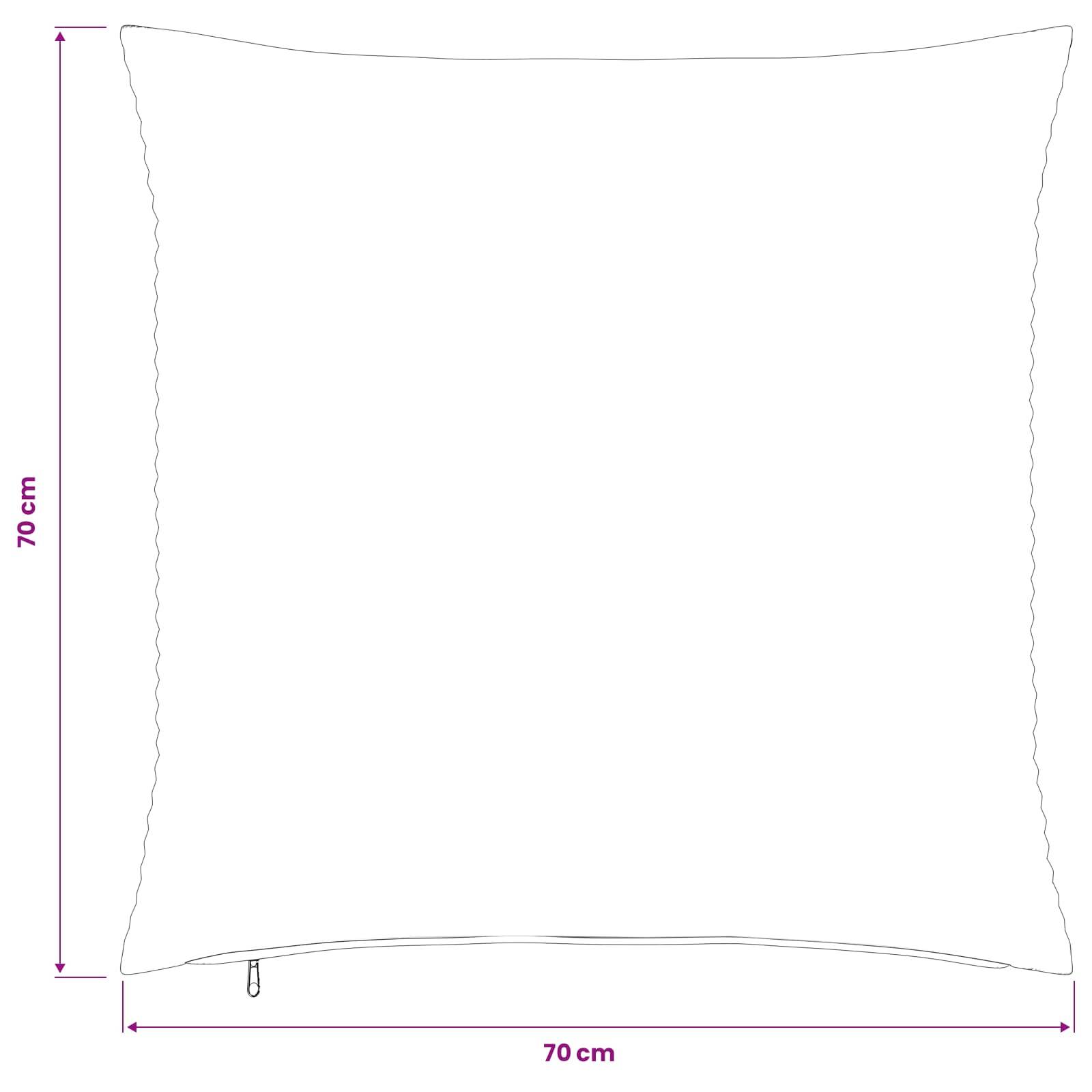Vorlage für Kissenhülle aus weißem Stoff mit Reißverschluss, beschriftet mit 70 cm Höhe und 70 cm Breite.