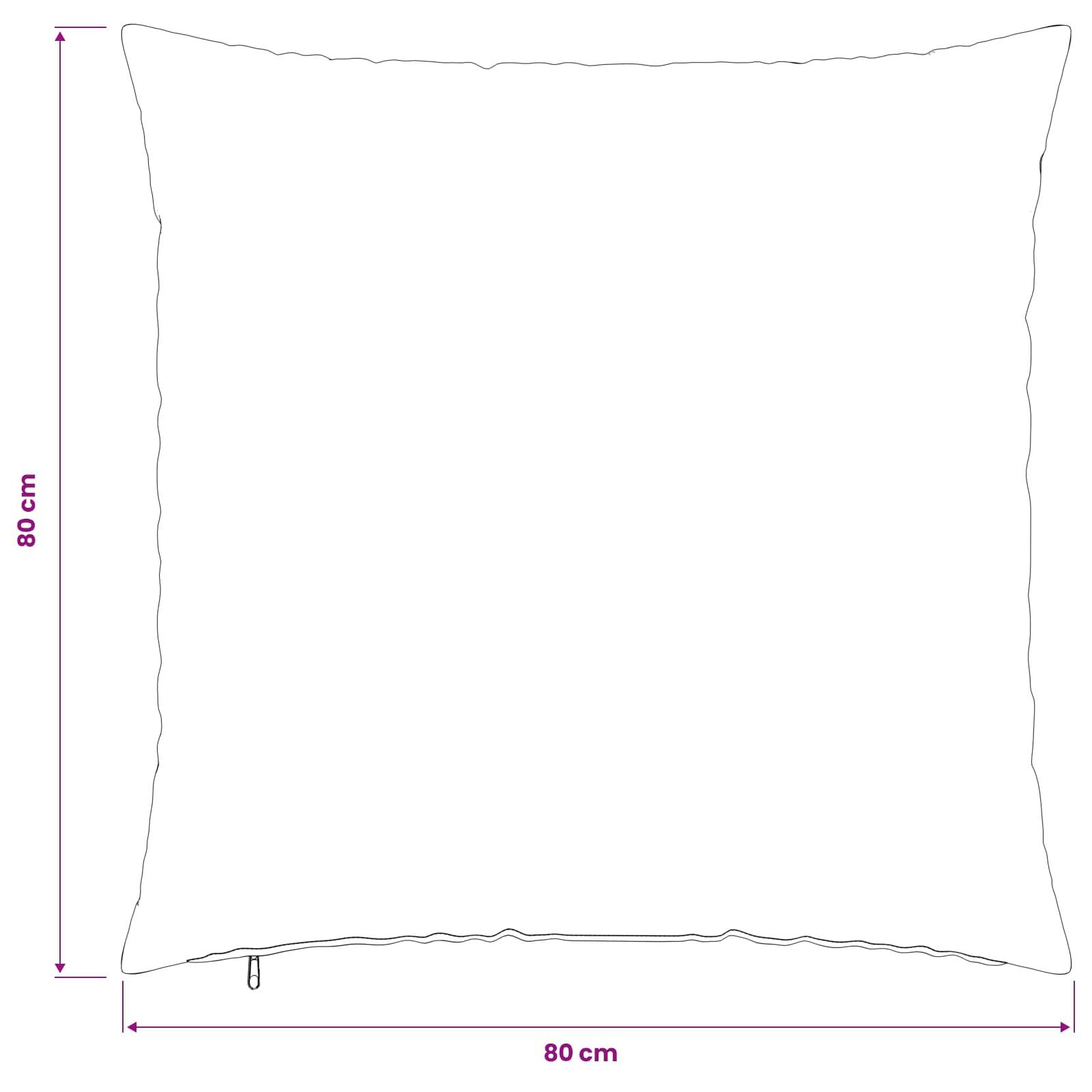 Mockup einer weißen quadratischen Kissenhülle mit Reißverschluss, beschriftet mit 80 cm × 80 cm.