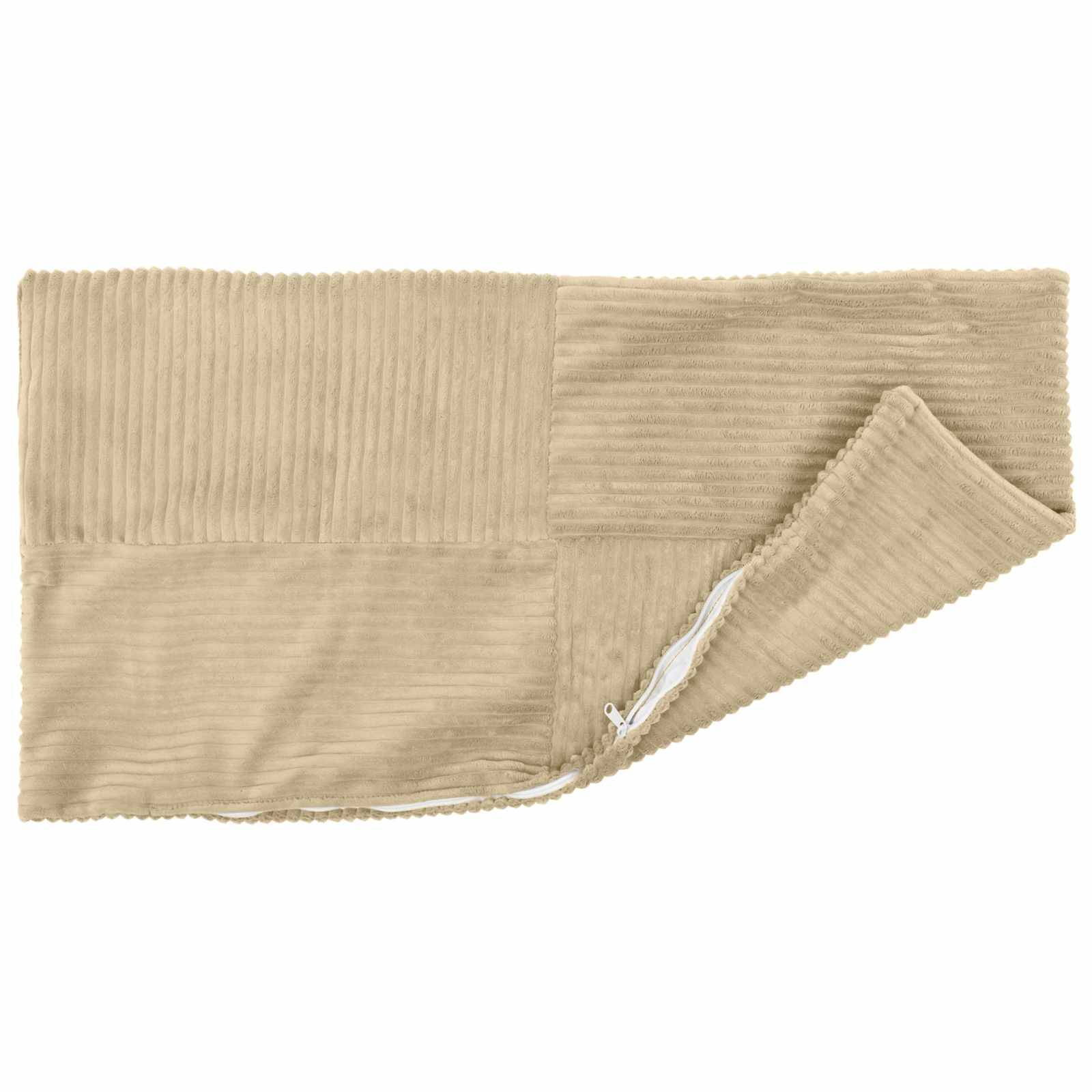 Beigefarbener Kordstoff-Muster mit einer umgeklappten Ecke, die die gerippte Textur des Materials und die genähte Kante zeigt.