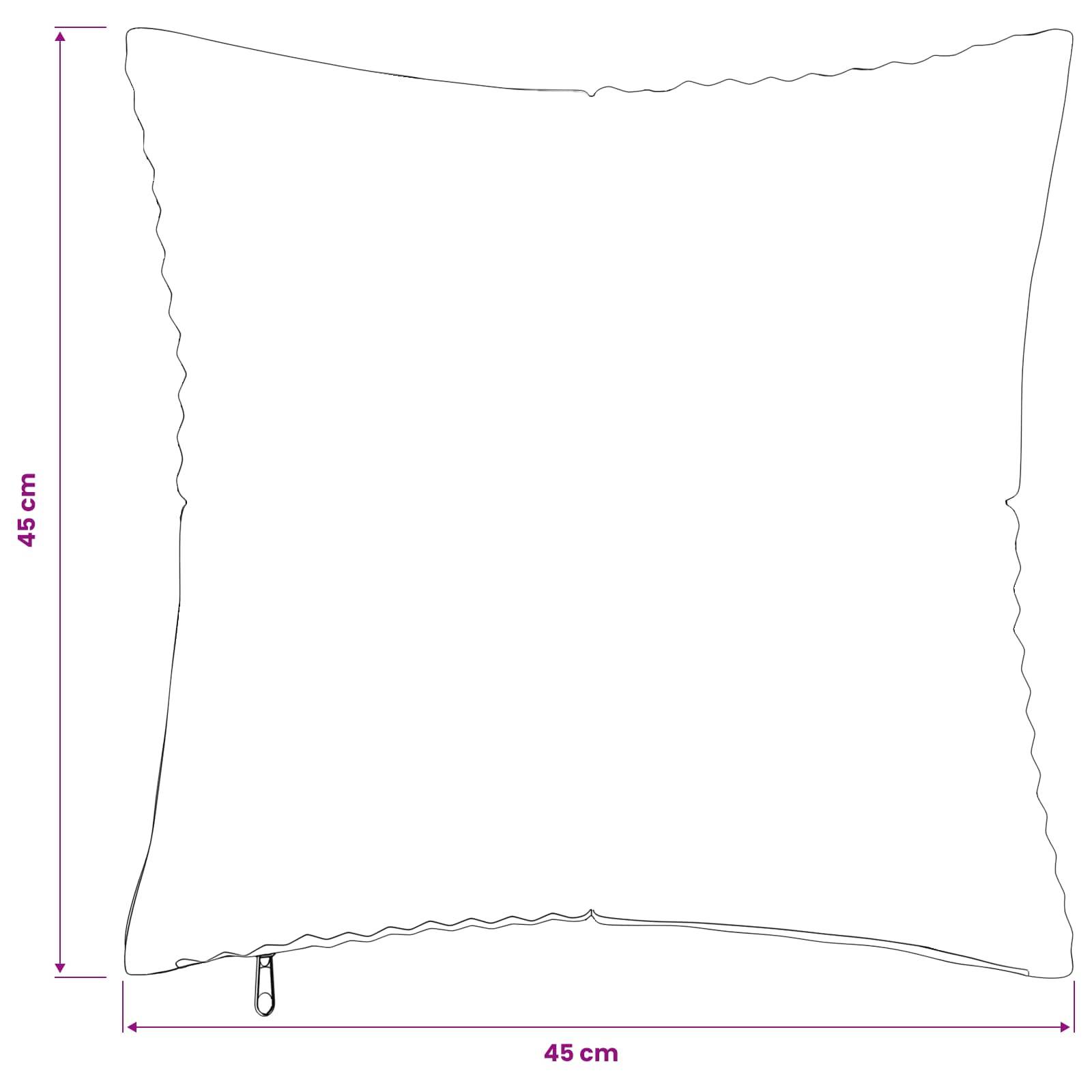 Umriss einer quadratischen Kissenhülle mit Reißverschluss, beschriftet mit 45 cm x 45 cm.