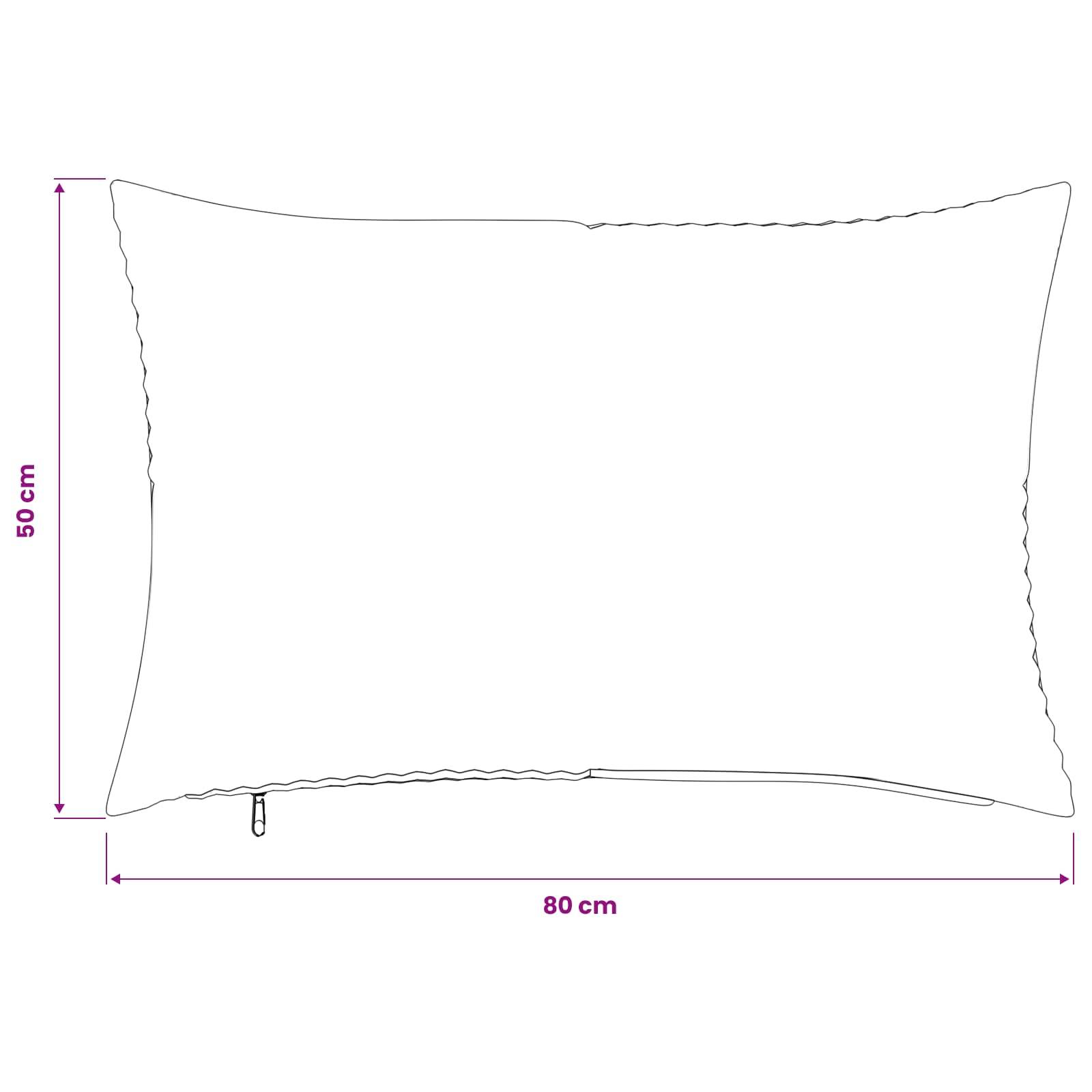 Skizzendiagramm eines Kissens, beschriftet 80 cm breit und 50 cm hoch.