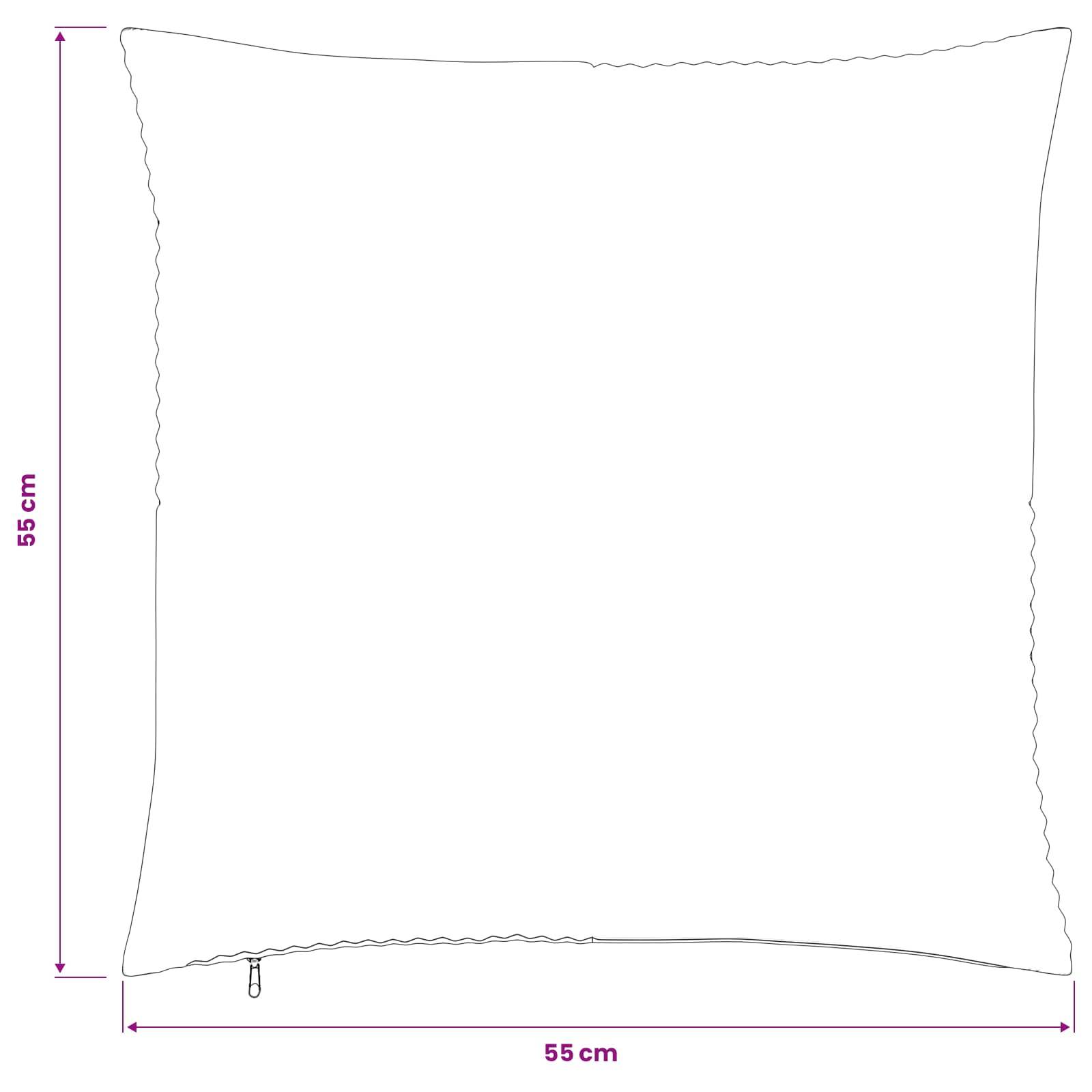 Weiße quadratische Kissenhülle oder Kissenbezug-Vorlage mit Reißverschluss unten, beschriftet mit 55 cm mal 55 cm.