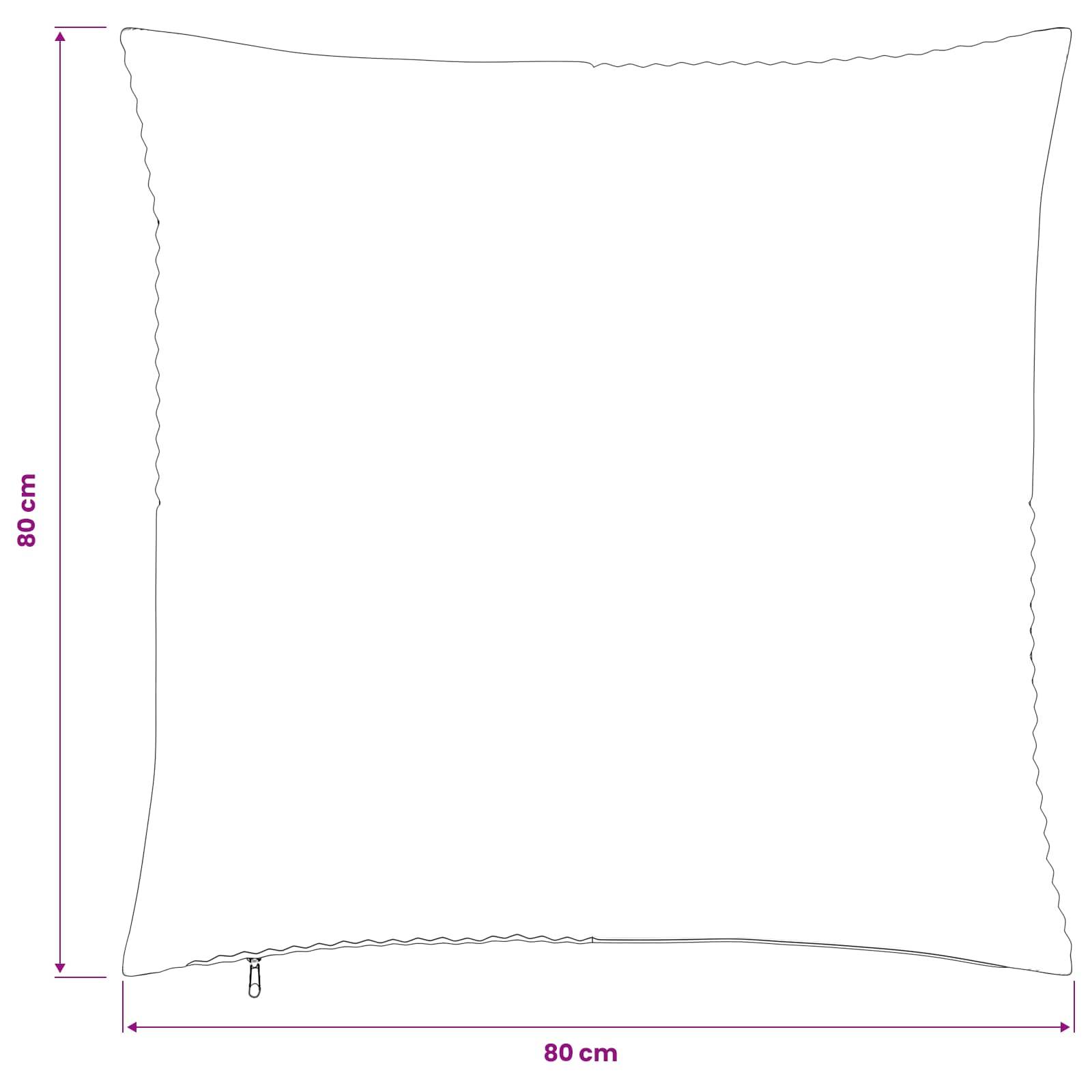 Quadratische weiße Kissenhülle mit Reißverschluss, dargestellt in einem Produktdimensionsdiagramm von 80 cm x 80 cm.