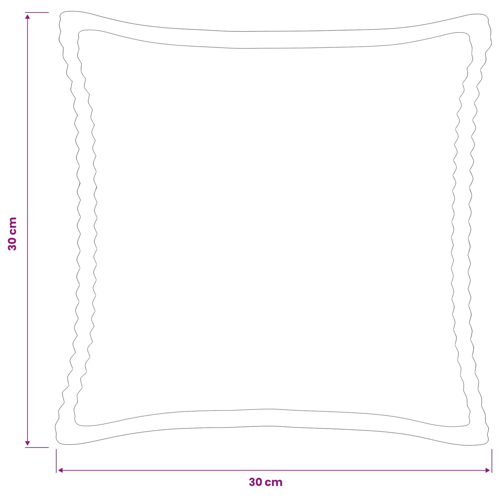 Quadratisches Kissen mit Umriss und gewelltem Rand, beschriftet mit 30 cm × 30 cm.