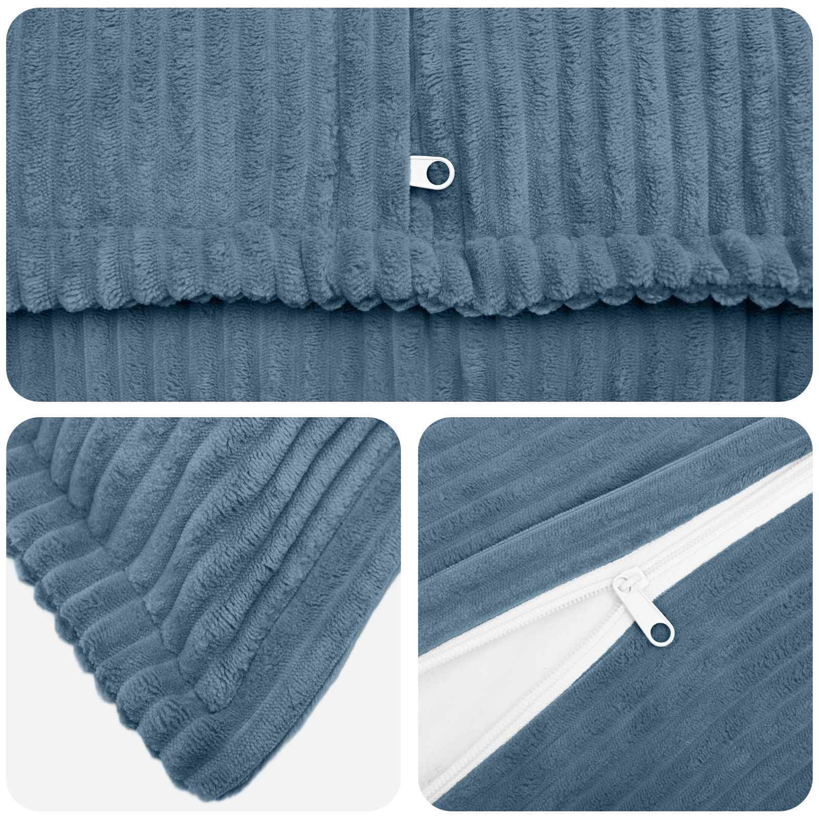 Blaue gerippte Plüschdecke mit kleiner weißer Reißverschluss-Lasche, gezeigt im gefalteten Zustand und in Nahaufnahme-Detail.