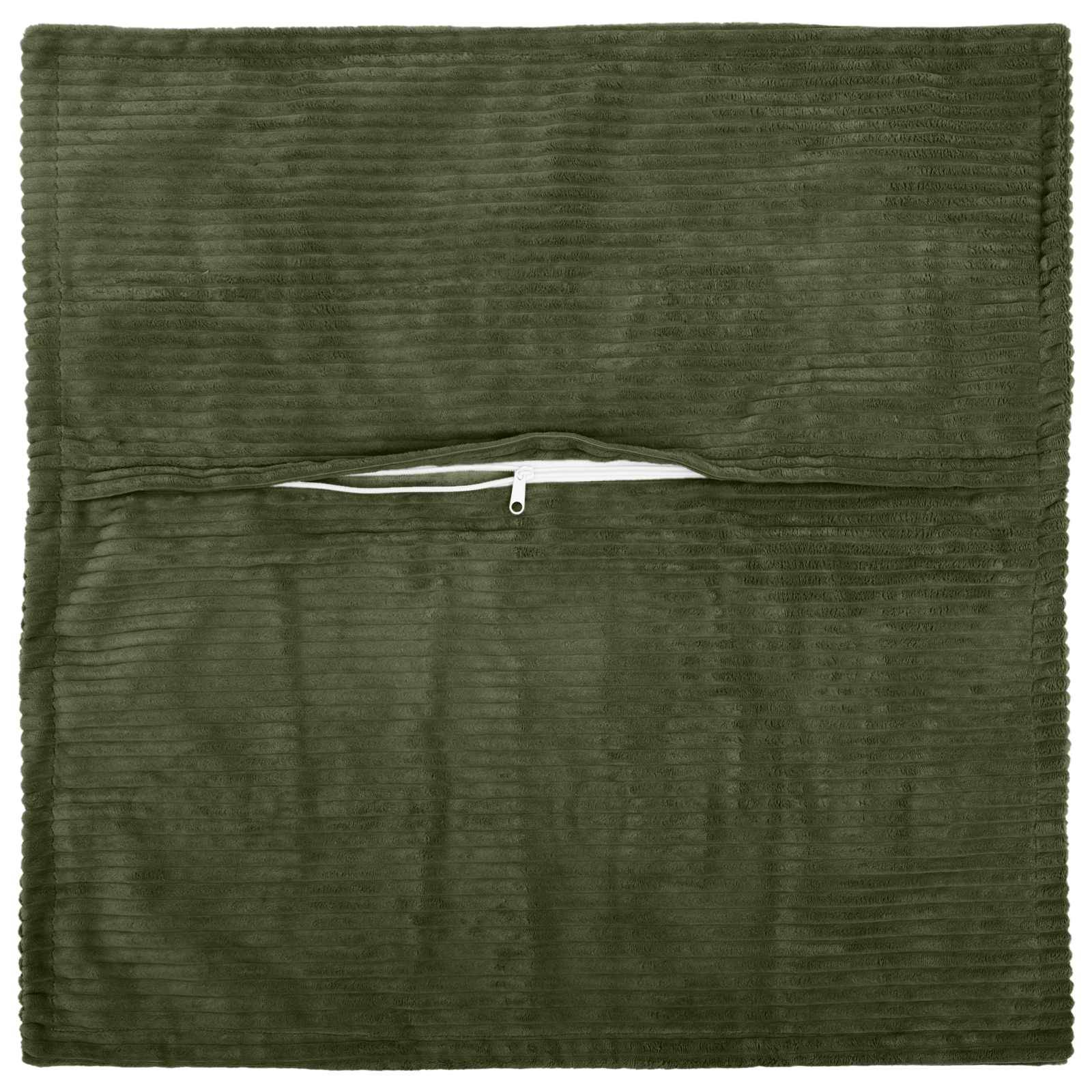Olivgrüne Stoff-Tasche oder Kissenbezug mit Rippenmuster und zentralem weißem Reißverschluss, auf neutralem weißem Hintergrund gezeigt.