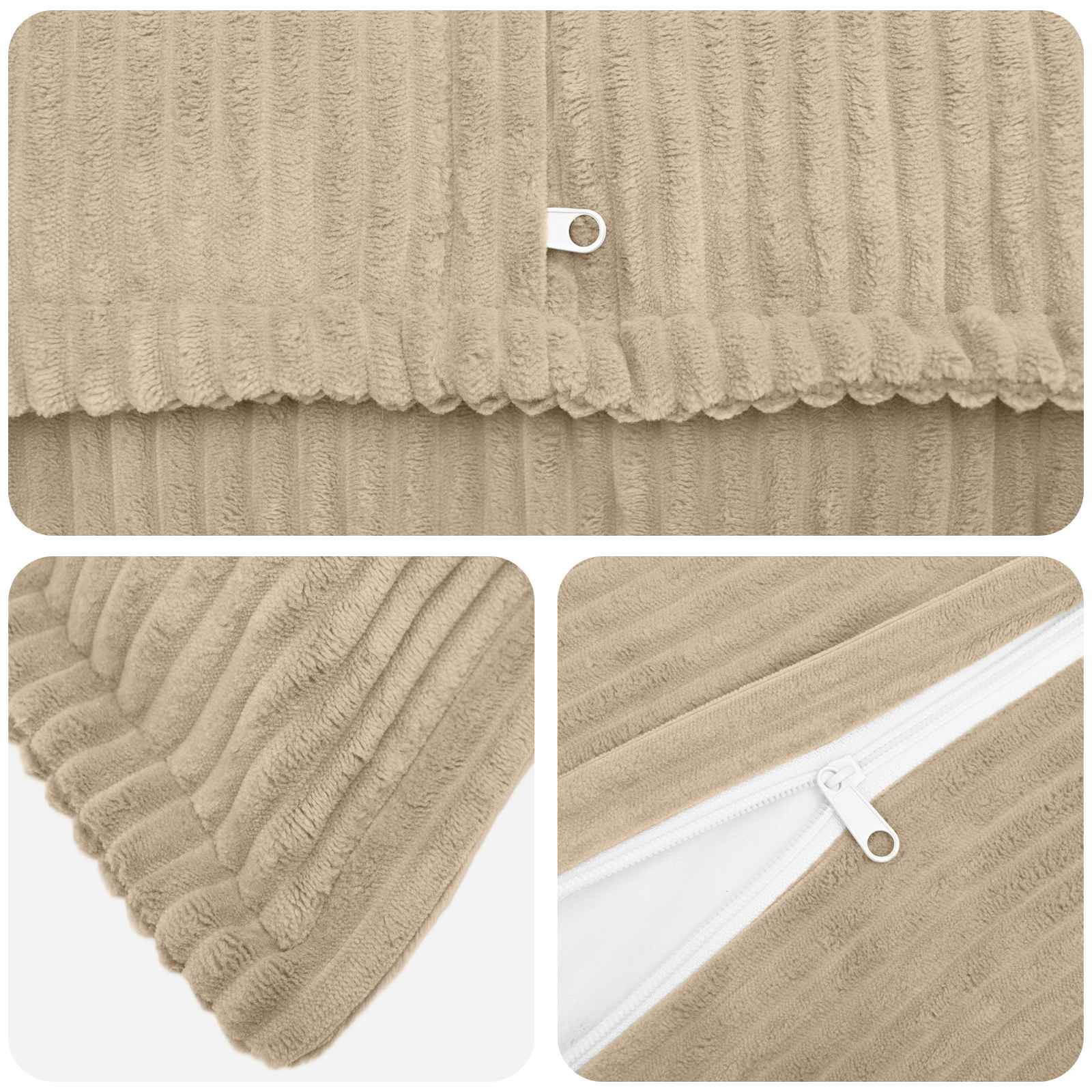 Beige gerippter Stoff mit Textur, gezeigt von oben, aus der Ecke und Reißverschluss-Nahaufnahme, wobei das Material und die Verschlussdetails hervorgehoben werden.