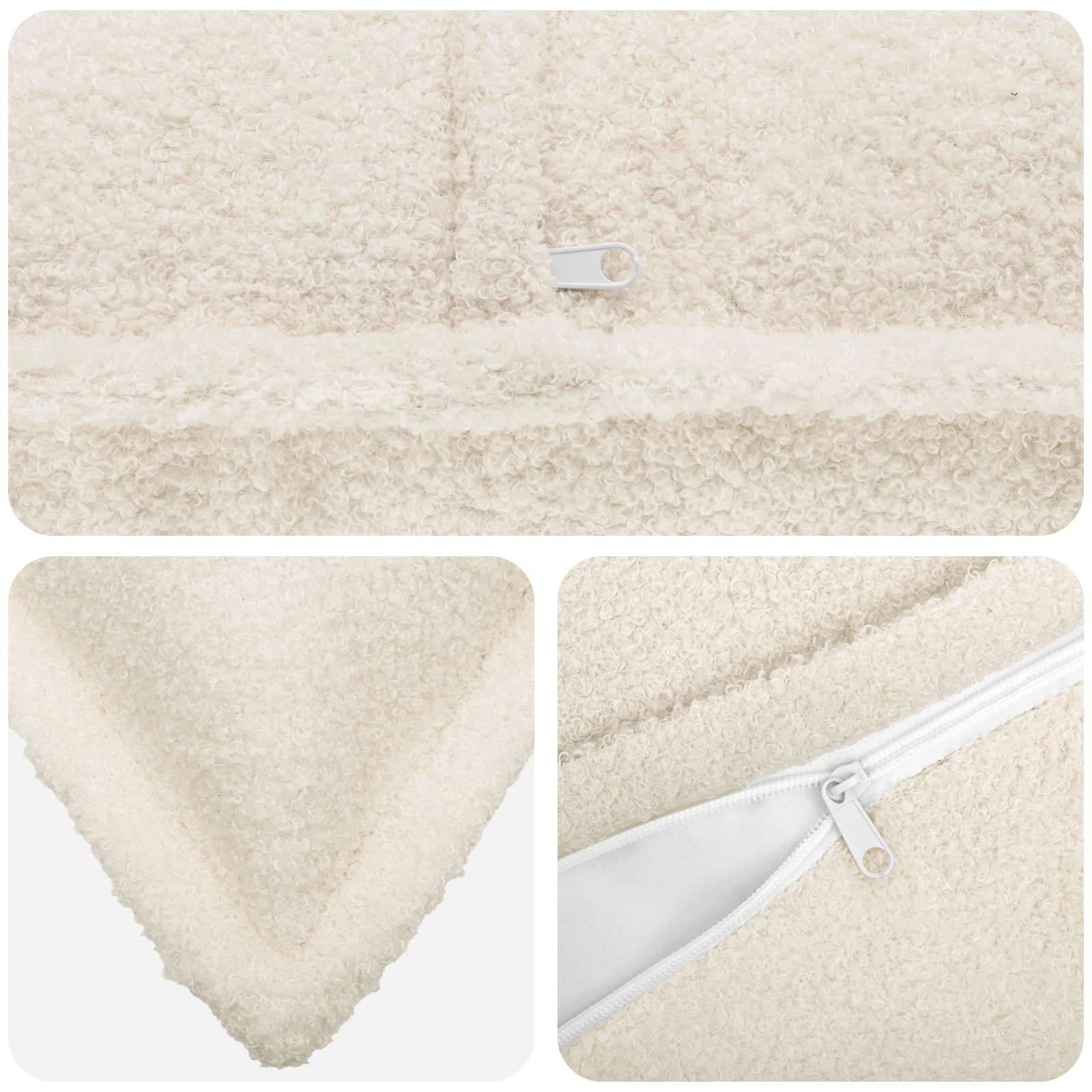 Cremefarbene flauschige Sherpa-Decke oder Kissenbezug mit weißem Reißverschluss, gezeigt flach, Eckenform und Nahaufnahme des Reißverschlusses.