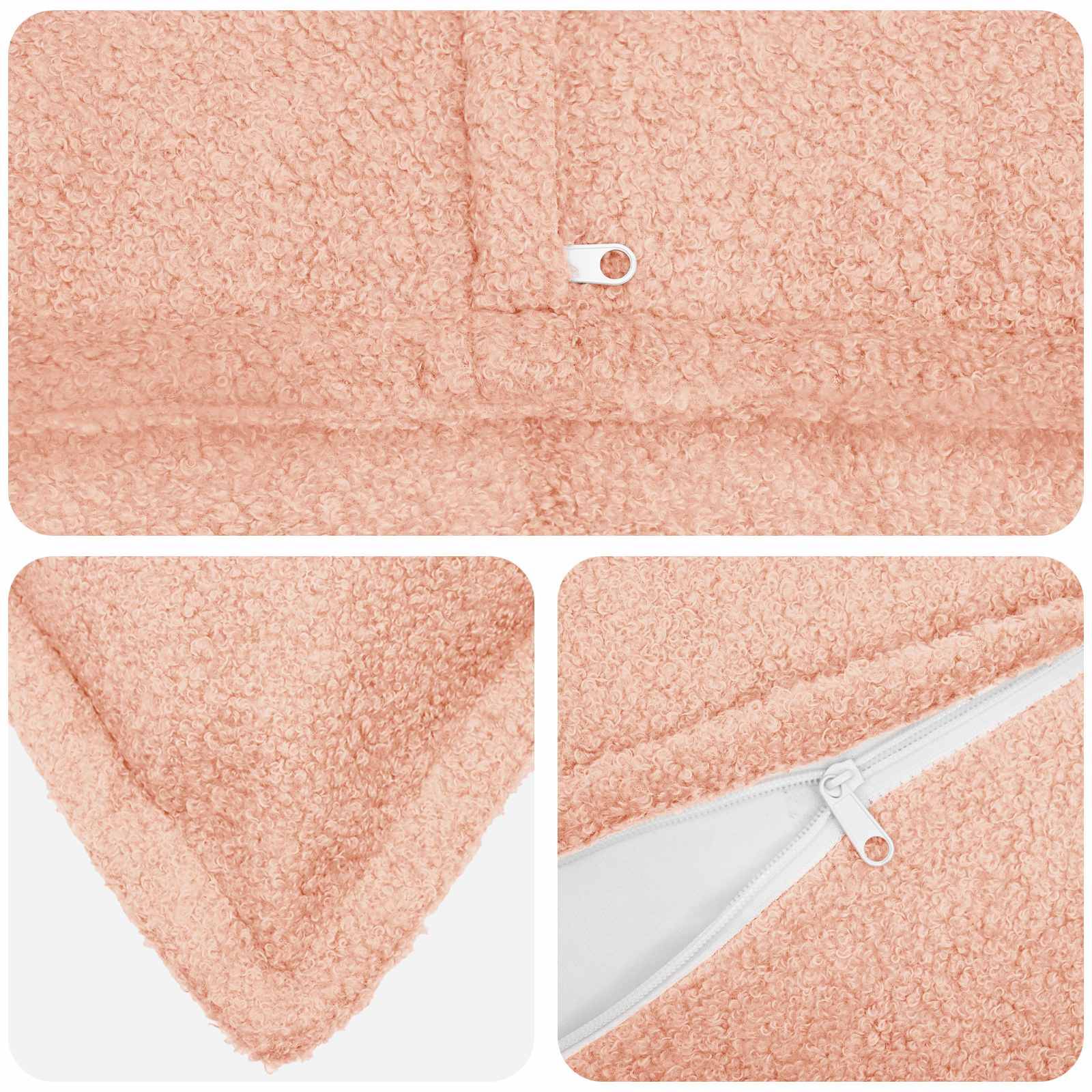Rosa Sherpa-Fleece-Decke mit versteckter Reißverschlusstasche in Nahaufnahmen und umgeschlagenen Eckenansichten.