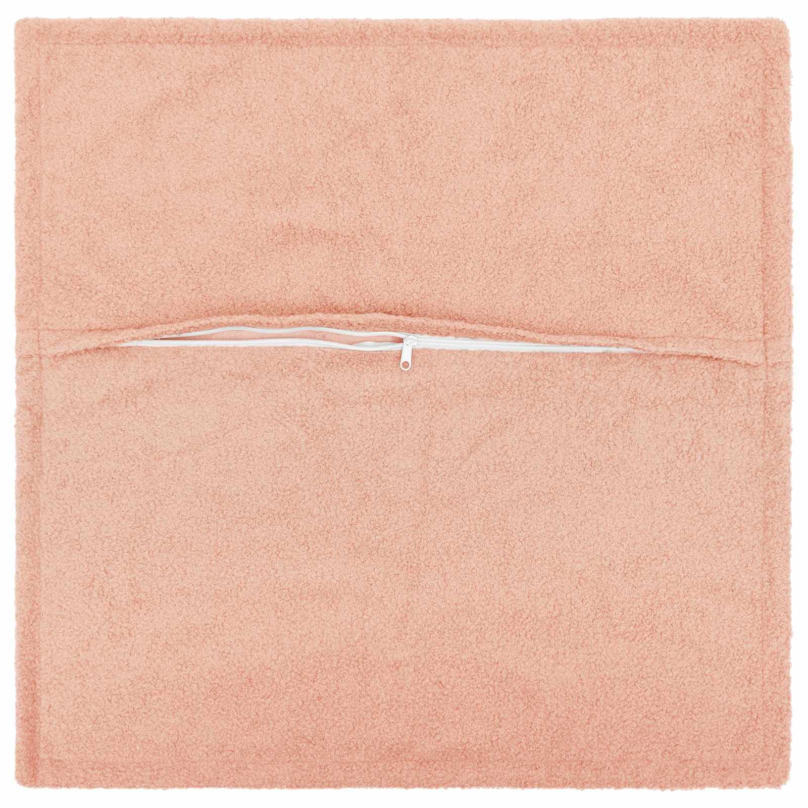 Pfirsichfarbene quadratische Fleece-Kissenhülle mit Reißverschluss und horizontalem Reißverschluss in der Mitte.