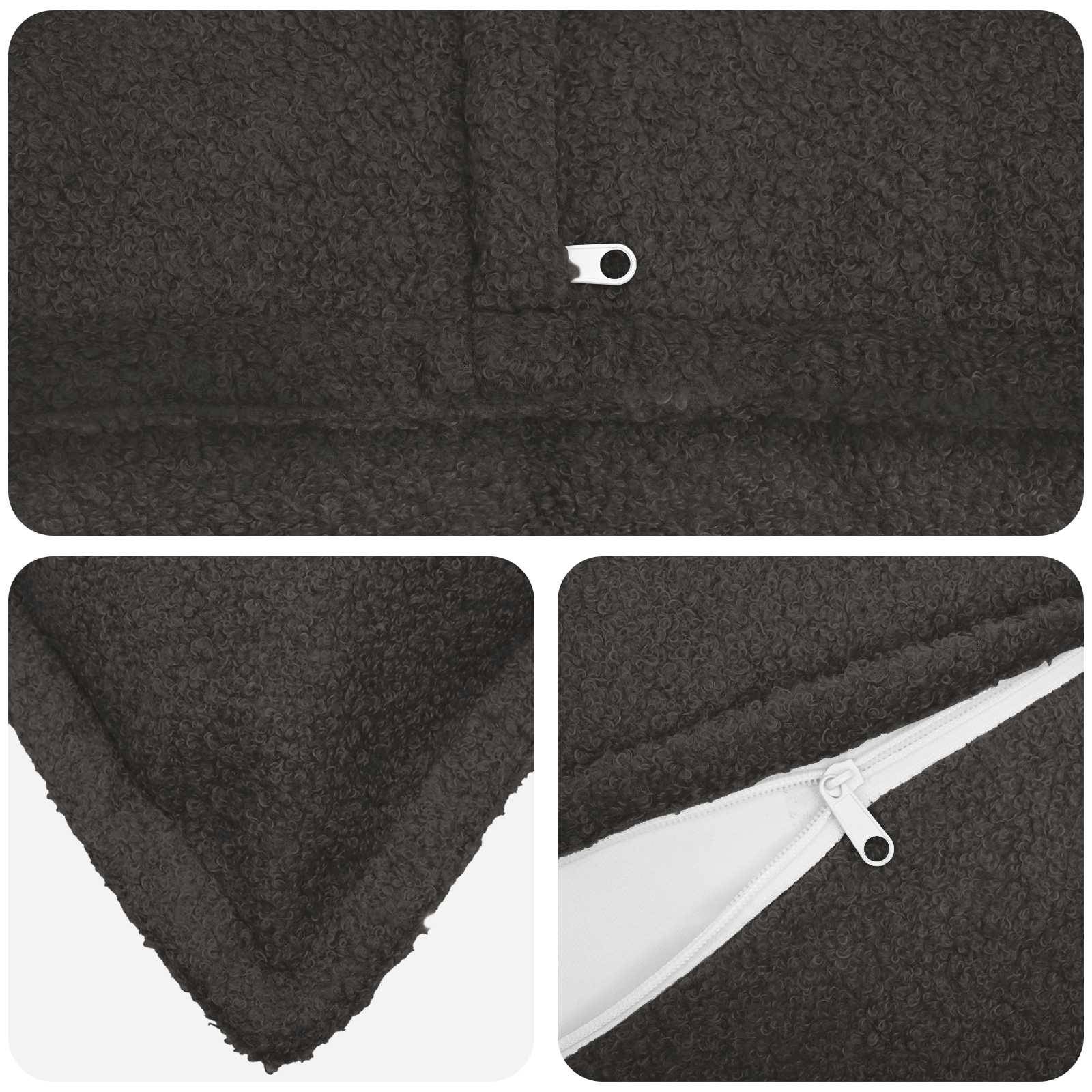 Nahaufnahmen von Produktfotos eines schwarzen strukturierten Fleece-Kleidungsstücks oder einer Decke, die eine Eckennaht und einen weißen Reißverschluss-Zug/ein weißes Detail zeigen.