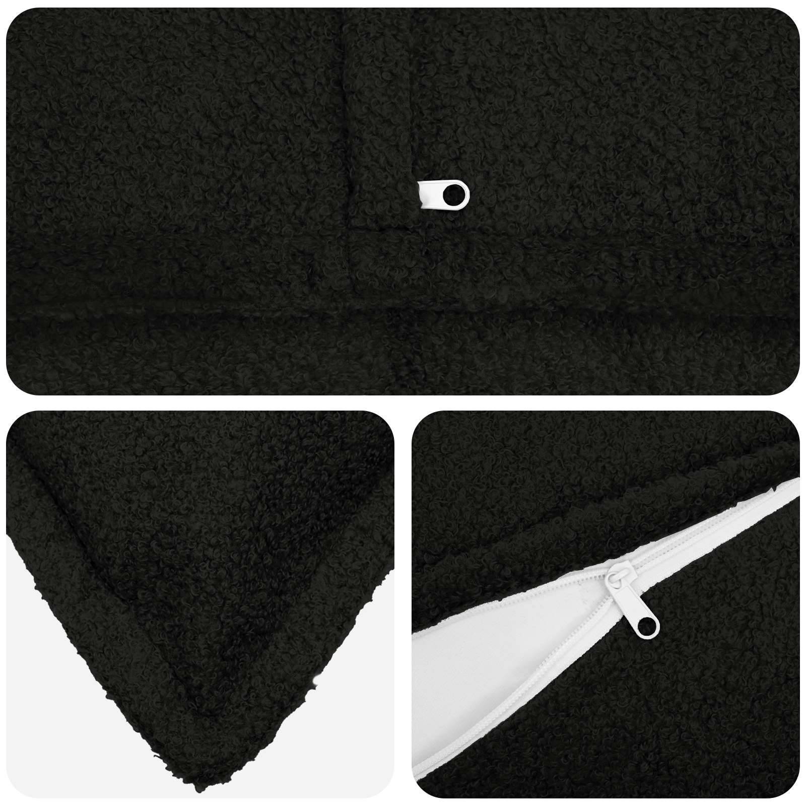 Nahaufnahme eines schwarzen flauschigen Kleidungsstücks mit einem weißen Reißverschlusszipper, plus Detailansichten der Ecken des Saums und der Reißverschlussöffnung.
