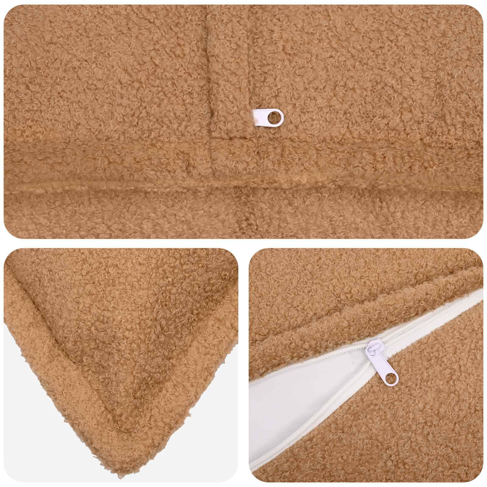 Nahaufnahmen von Produktbildern eines beige Fleece-Stoff-Kissens oder Kleidungsstücks, das eine Druckknopflasche und einen weißen Reißverschluss an der Naht zeigt.