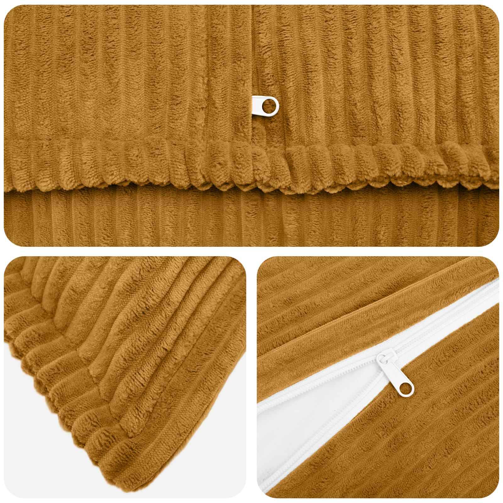 Collage eines senf-braunen Cord-Stoffartikels mit kleinem Metalllogo-Etikett, gewelltem Rand und Details des weißen Reißverschlusses.