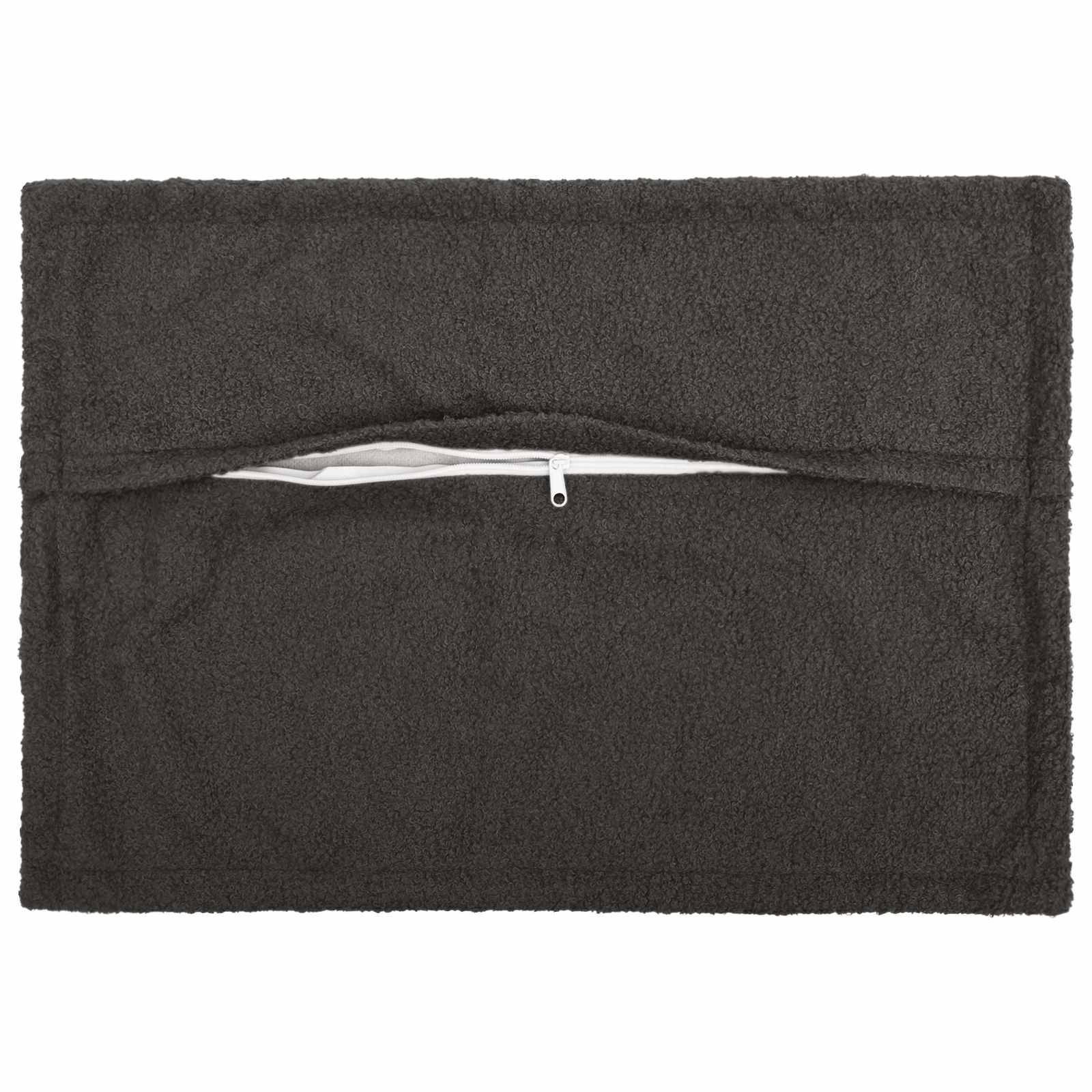 Schwarze Fleece-Tasche mit Reißverschluss oder Abdeckung mit horizontaler Vorderöffnung und sichtbarer weißer Reißverschlussfütterung.
