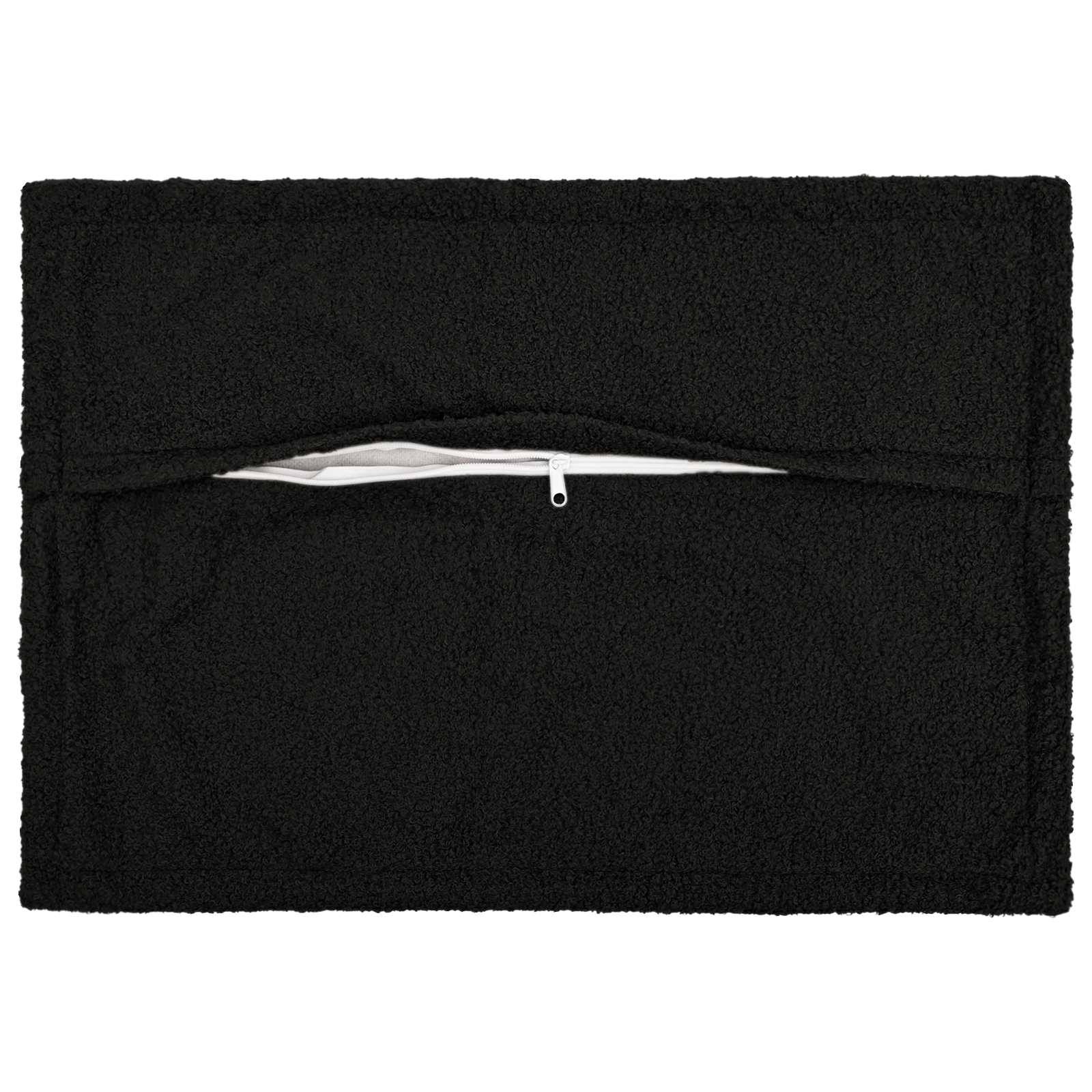 Schwarze Reißverschlusstasche oder -etui, geschlossen dargestellt, mit teilweise geöffnetem Reißverschluss in der Mitte, der die weiße Innenfütterung zeigt