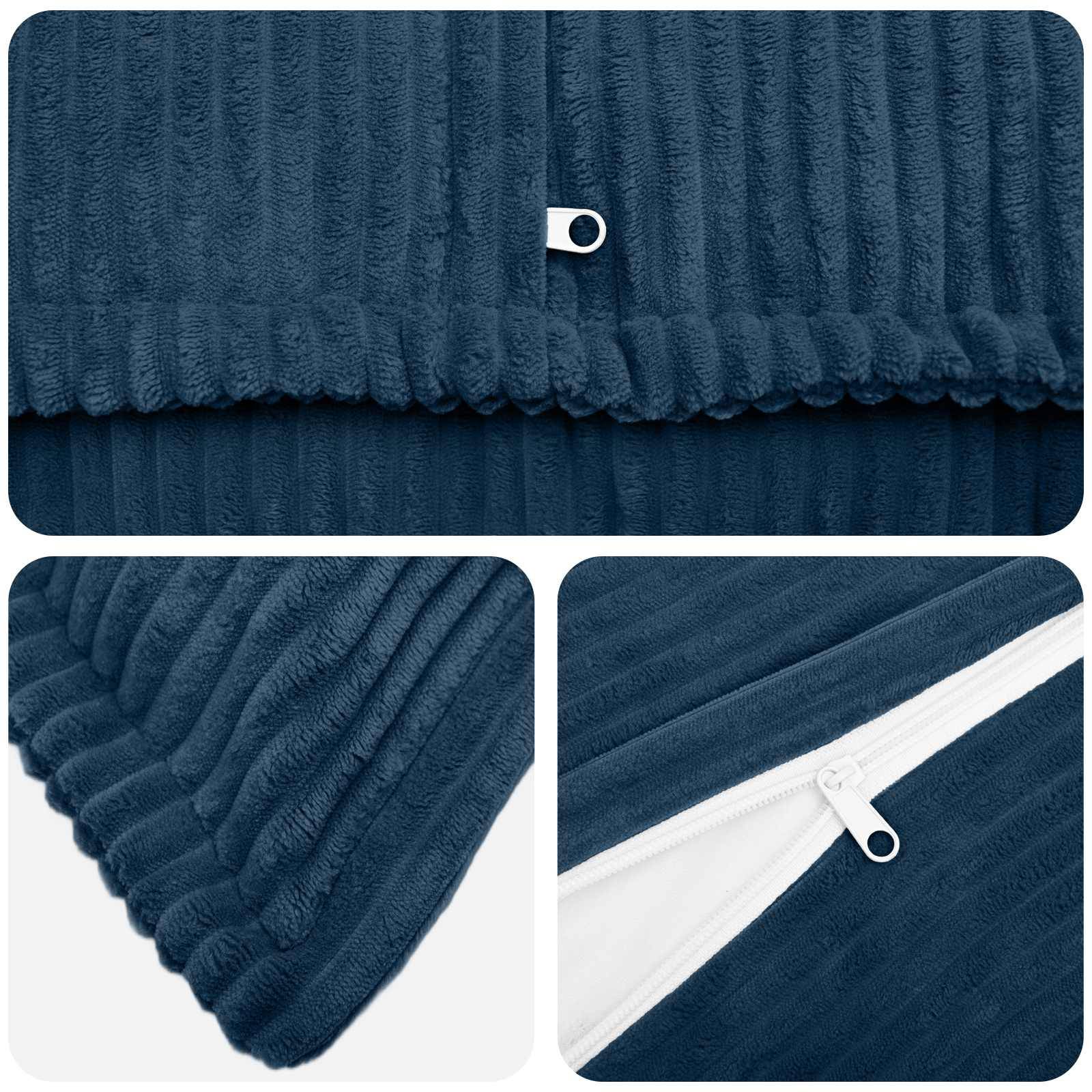 Drei Nahaufnahmen einer dunkelblauern gerippten Fleece-Decke, die strukturiertes Gewebe, eine Eckkante und einen weißen Reißverschluss zeigen.