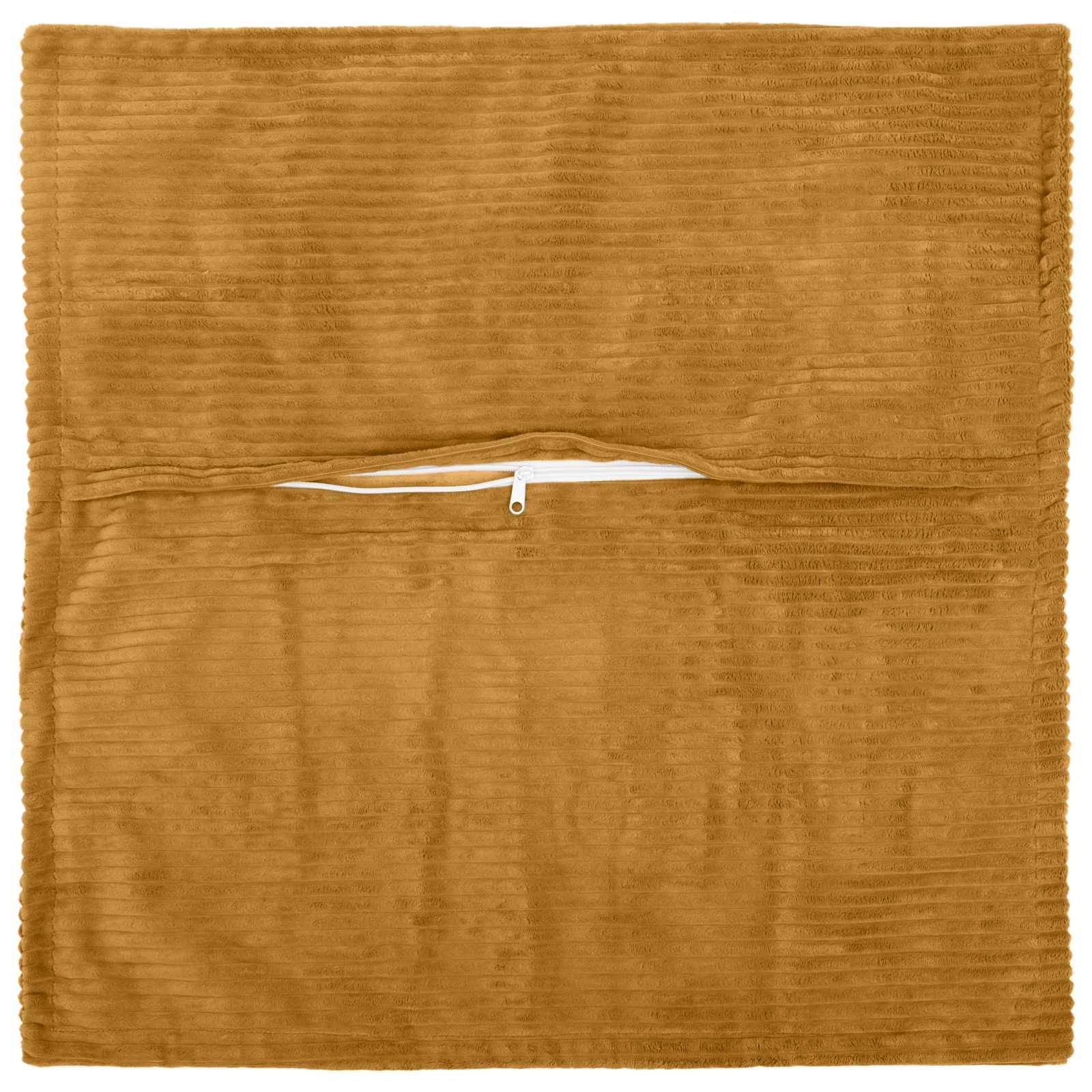 Beige Kordsamt-Kissenbezug mit Reißverschluss, flach auf weißem Hintergrund gezeigt.