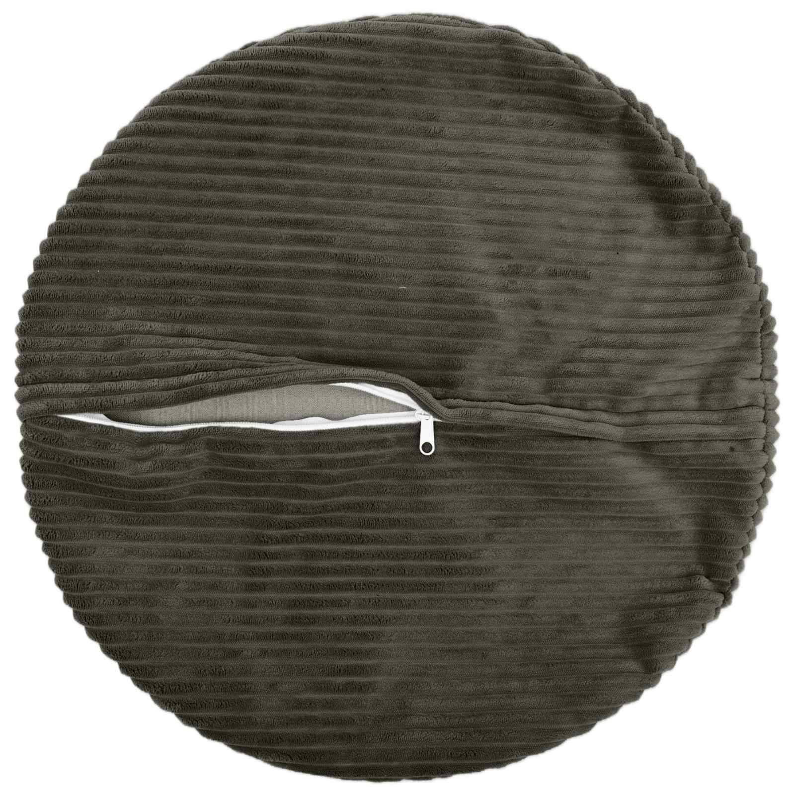 Rundes Kissen aus olivefarbenem Cord mit horizontalem Reißverschluss in der Mitte.