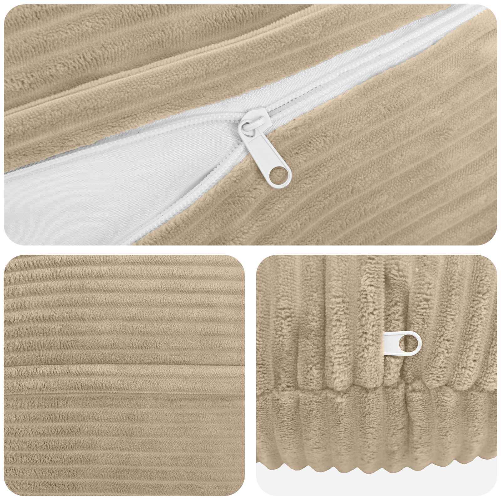Beige gerippter Stoff in Nahaufnahme mit weißem Reißverschluss und strukturiertem Material in drei Ansichten, wahrscheinlich ein Kleidungs- oder Polsterungsdetail.
