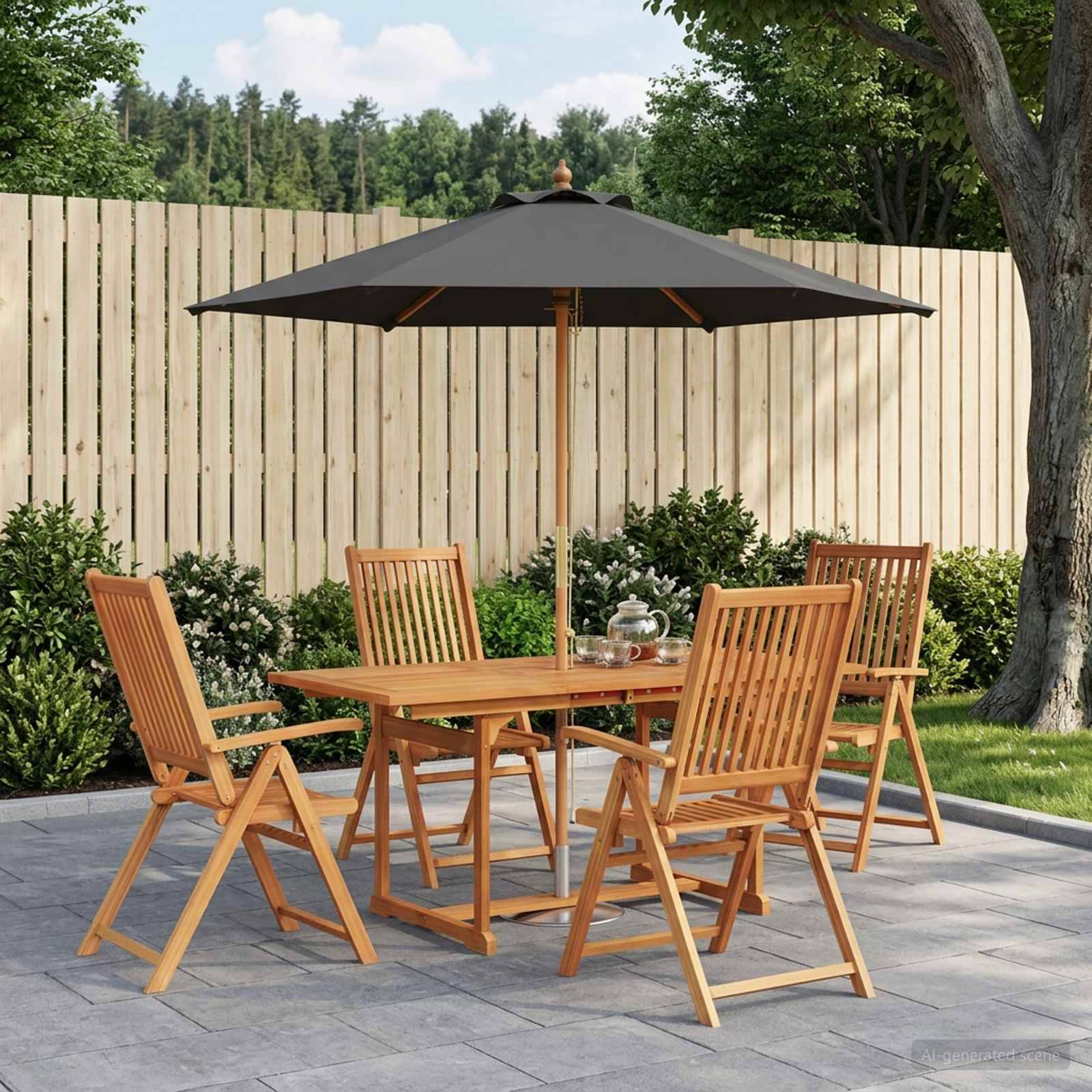 Outdoor-Sitzgruppe mit vier Holzstühlen um einen quadratischen Tisch unter einem schwarzen Sonnenschirm im Hintergarten.
