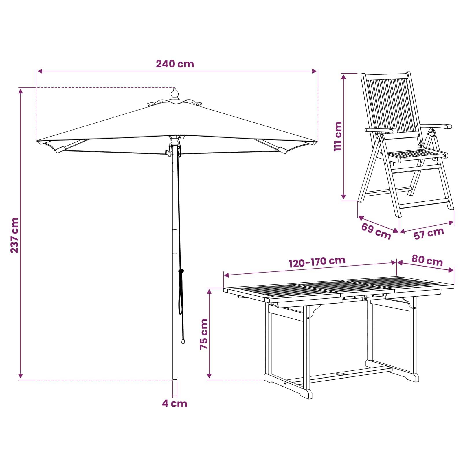 Bemaßte Linienzeichnung einer Gartenmöbelgarnitur: Schirm 240 cm breit und 237 cm hoch, Stuhl 111 cm hoch, 69 cm tief, 57 cm breit, und Tisch 120–170 cm mal 80 cm, 75 cm hoch.