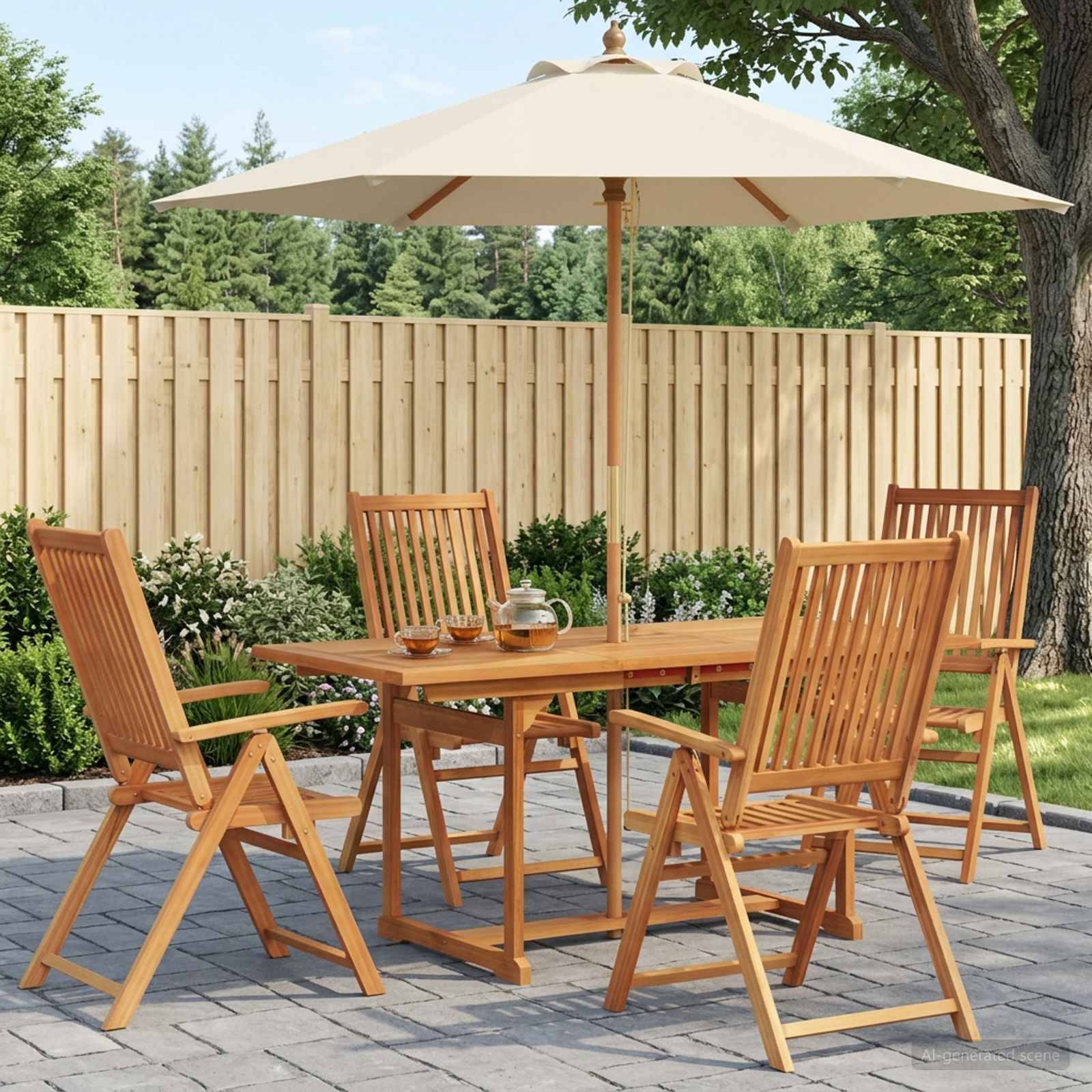 Essbereich auf der Außenterrasse mit vier Holzstühlen und einem rechteckigen Tisch unter einem großen cremefarbenen Sonnenschirm in einem umzäunten Hinterhof.